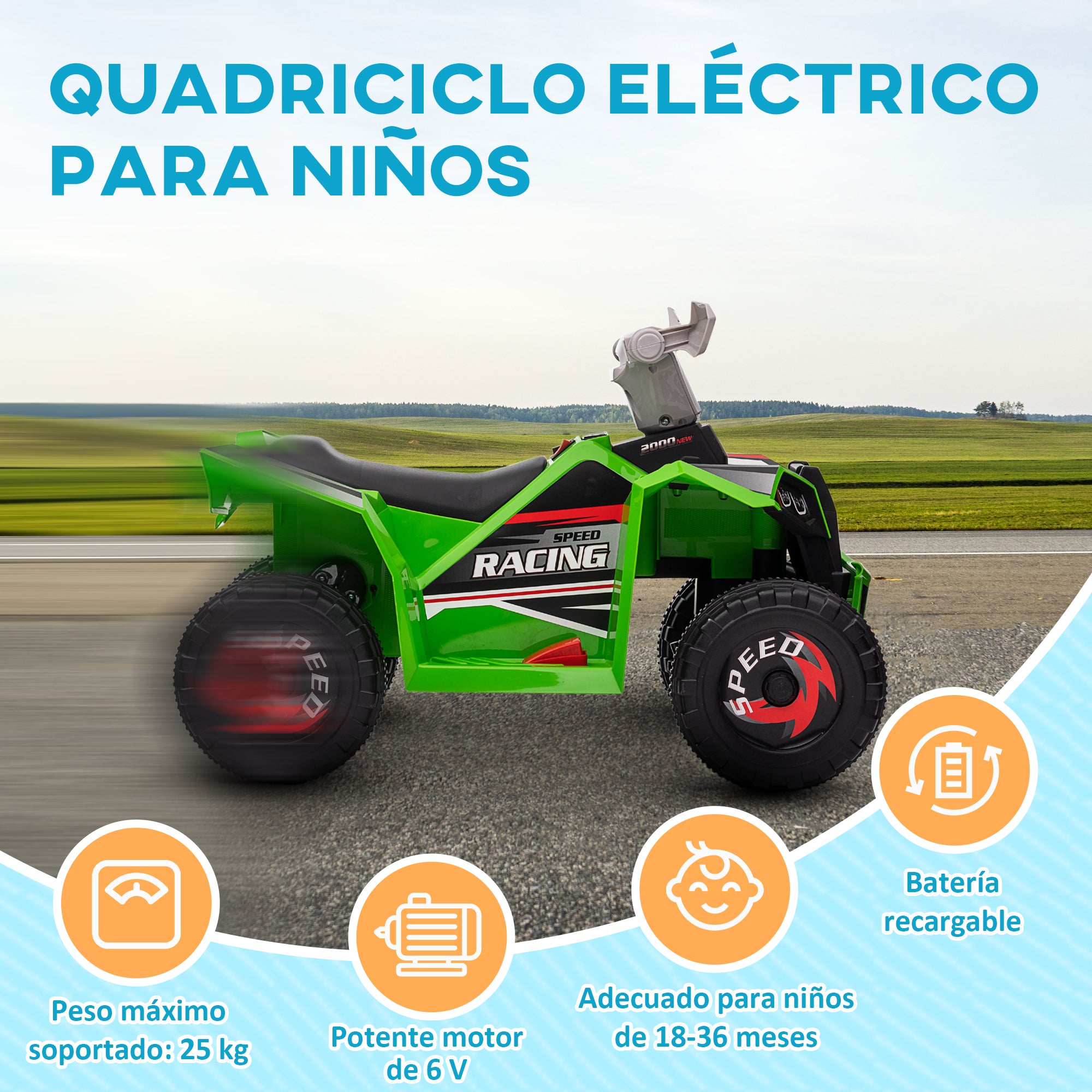 Electric Quad for Children 18-36 Months Electric Battery Vehicle 6V with Forward and Reverse Speed of 2.5 km/h 70x41.5x48.5 cm Green