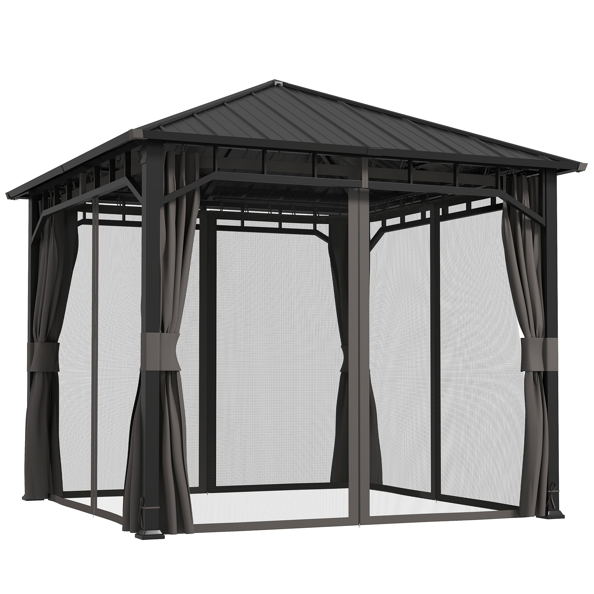 3 x 3 m Waterproof Garden Gazebo — Galvanized Metal Hardtop, Curtains & Mosquito Net, Ceiling Hook, Dark Gray