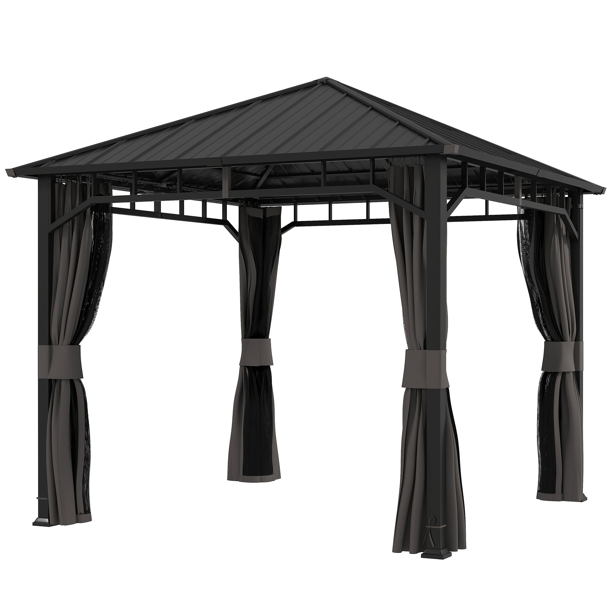 3 x 3 m Waterproof Garden Gazebo — Galvanized Metal Hardtop, Curtains & Mosquito Net, Ceiling Hook, Dark Gray
