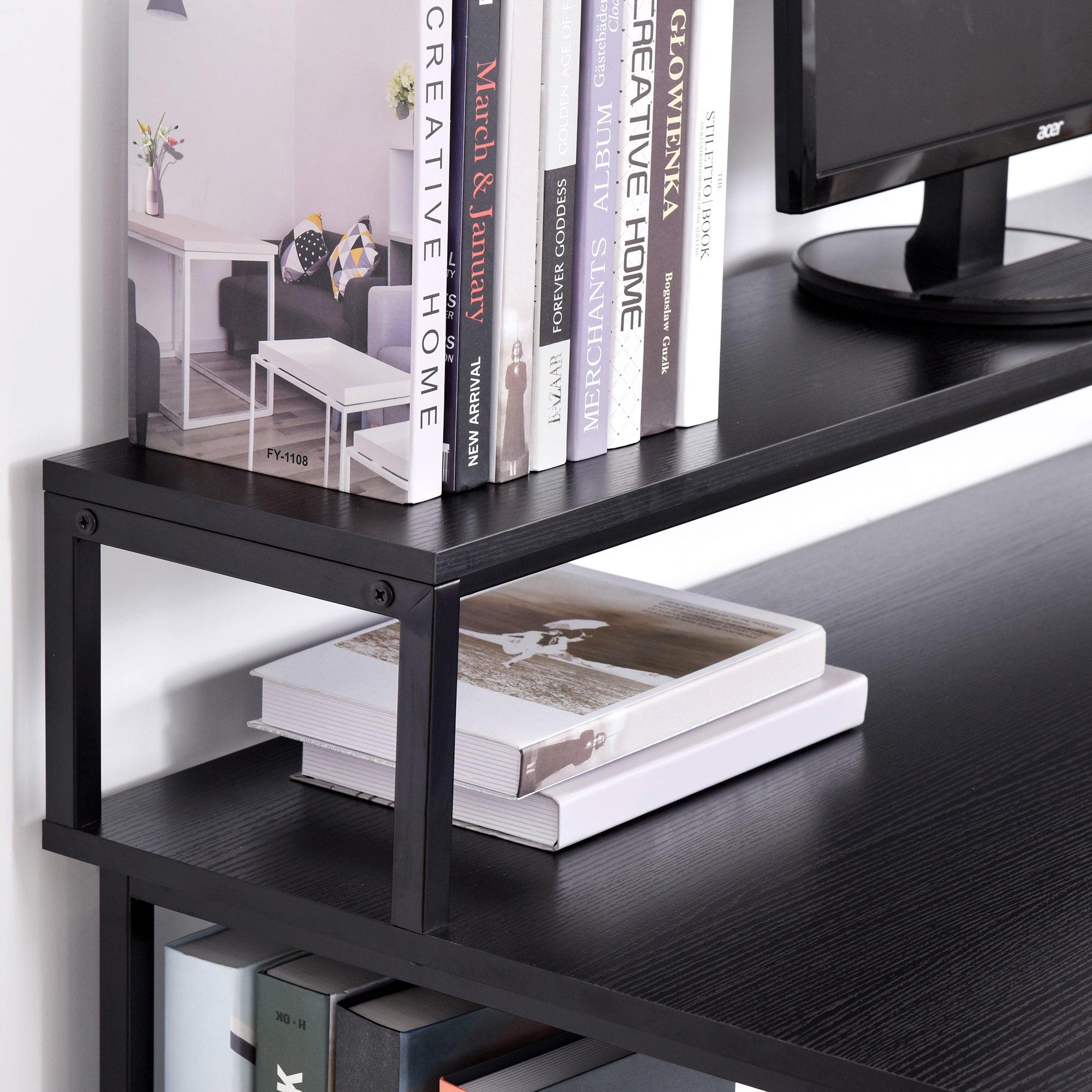 Computer Desk Office Study Desk with 3 Shelves Top Table Legs with Adjustable Non-Slip Pads Metallic Frame 140x60x93 cm Black