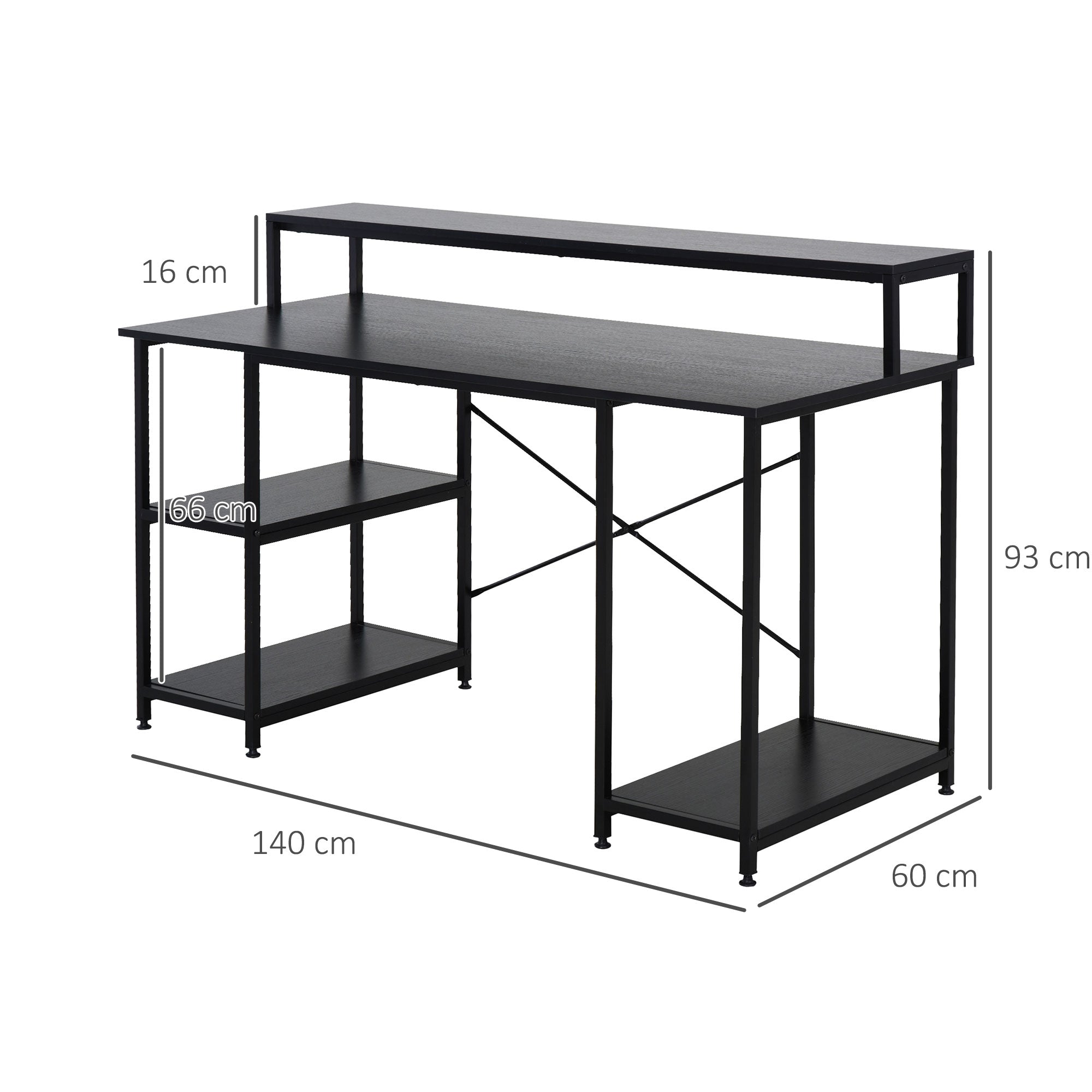 Computer Desk Office Study Desk with 3 Shelves Top Table Legs with Adjustable Non-Slip Pads Metallic Frame 140x60x93 cm Black