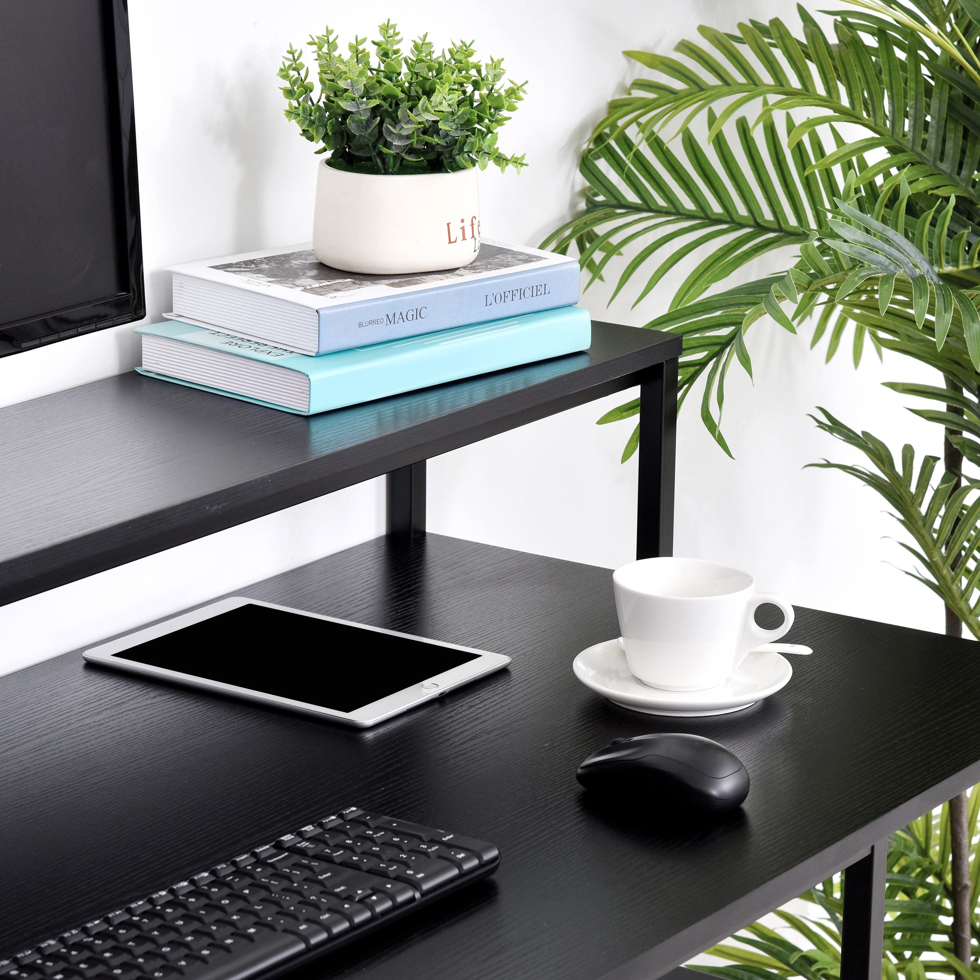 Computer Desk Office Study Desk with 3 Shelves Top Table Legs with Adjustable Non-Slip Pads Metallic Frame 140x60x93 cm Black