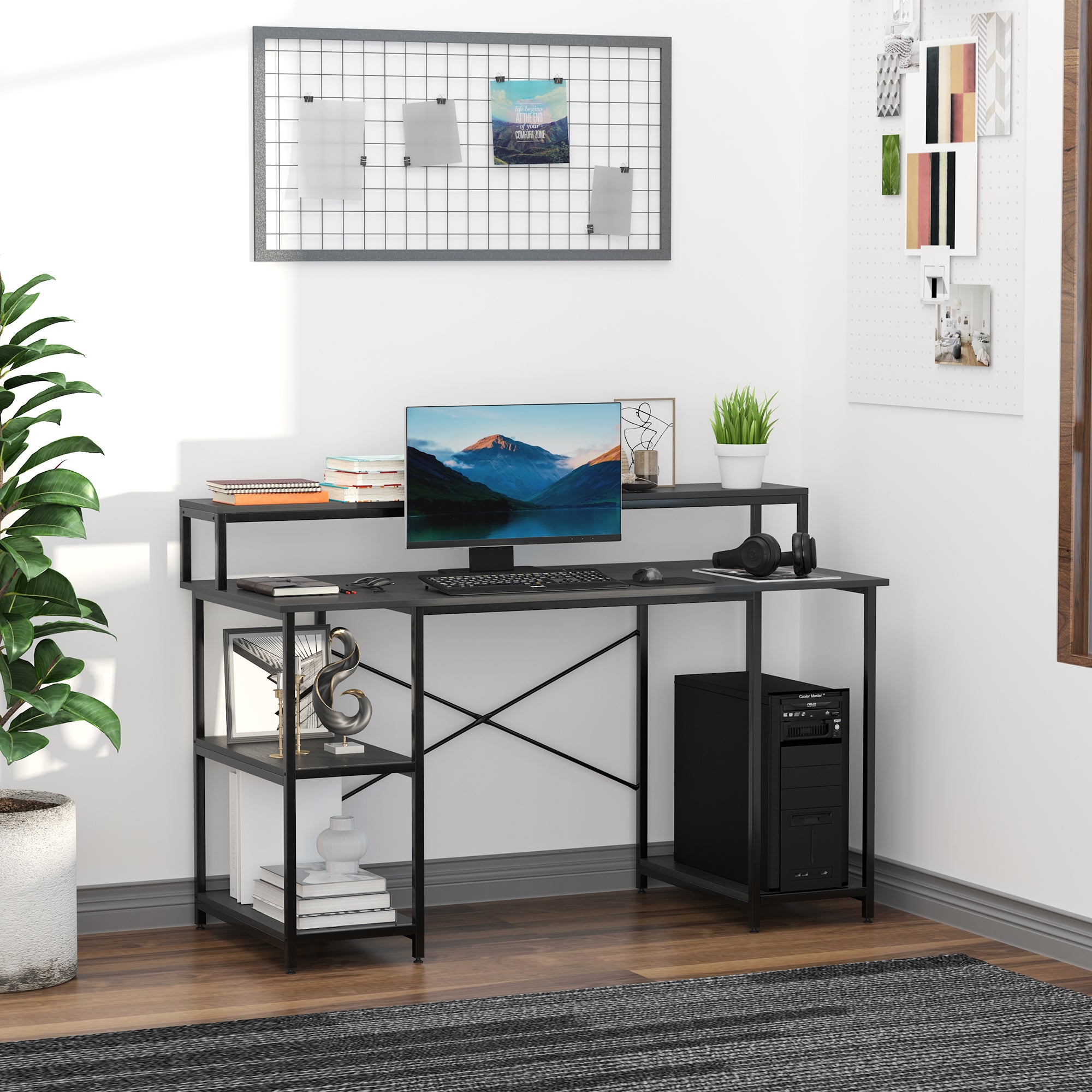 Computer Desk Office Study Desk with 3 Shelves Top Table Legs with Adjustable Non-Slip Pads Metallic Frame 140x60x93 cm Black