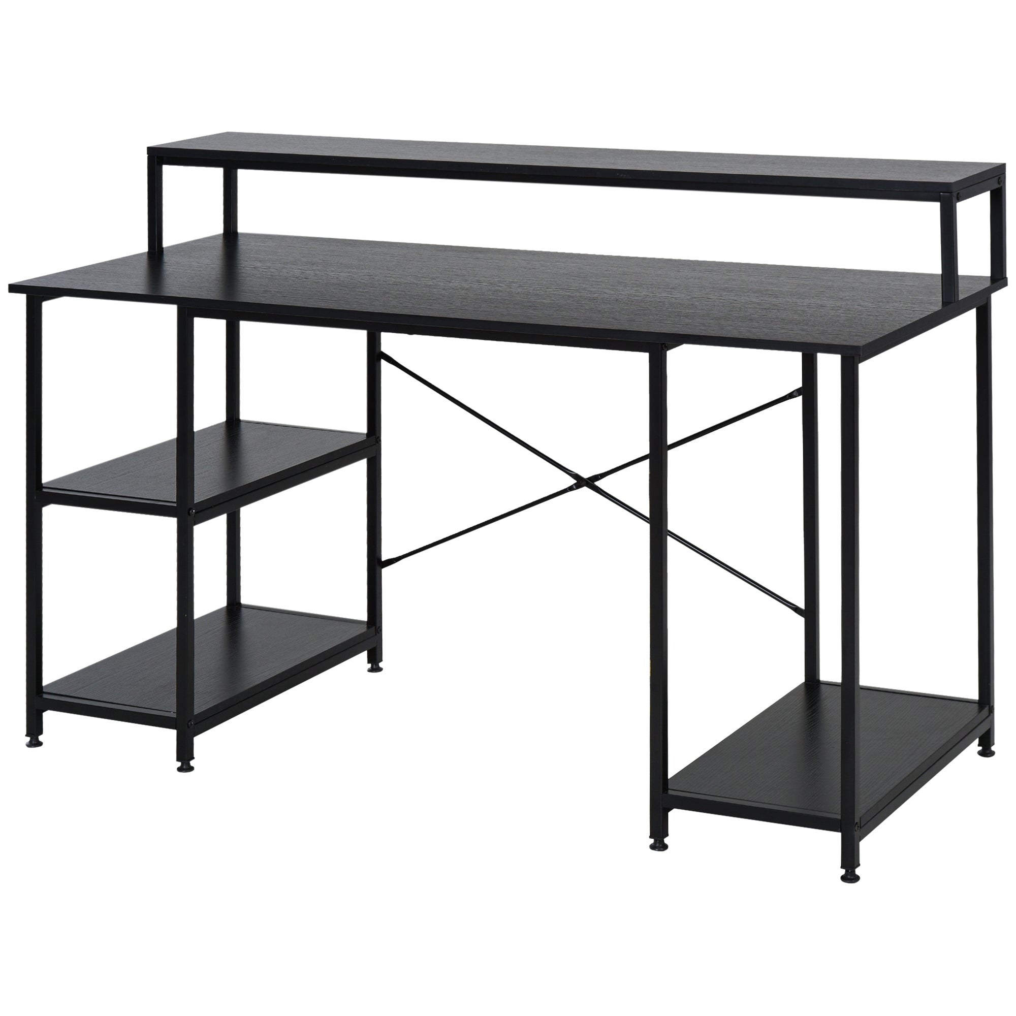 Computer Desk Office Study Desk with 3 Shelves Top Table Legs with Adjustable Non-Slip Pads Metallic Frame 140x60x93 cm Black