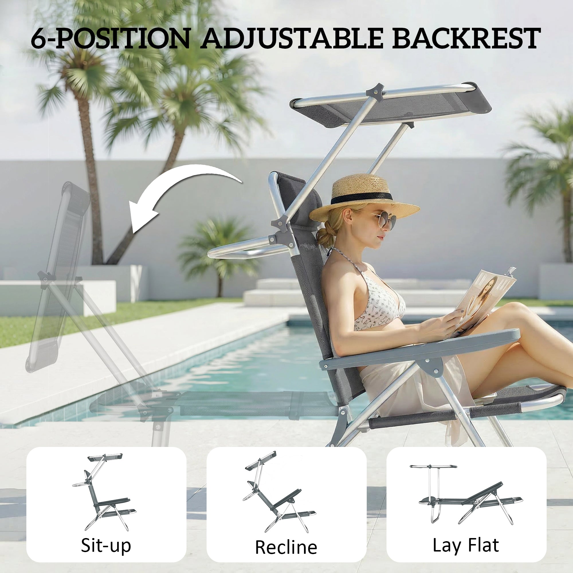 Folding Sun Lounger with Head Cushion & Adjustable Canopy, 6-Position Reclining Backrest, Camping/Garden Chair, Holds up to 265 lb (120 kg) – Dark Gray