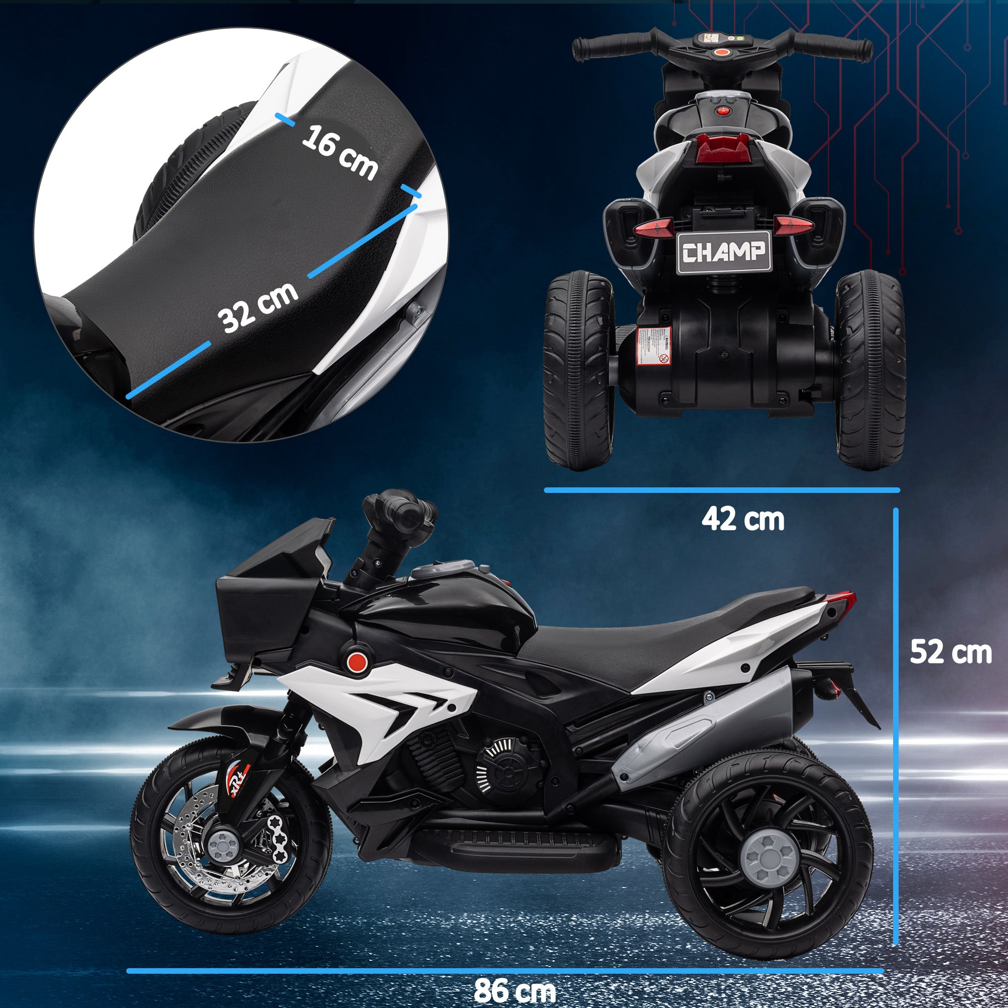 Electric Motorcycle for Kids 3+ Years 6V Battery-Powered Motorcycle with Lights Music Horn Wide Tires Kids Motorcycle with 3 km/h Speed Black