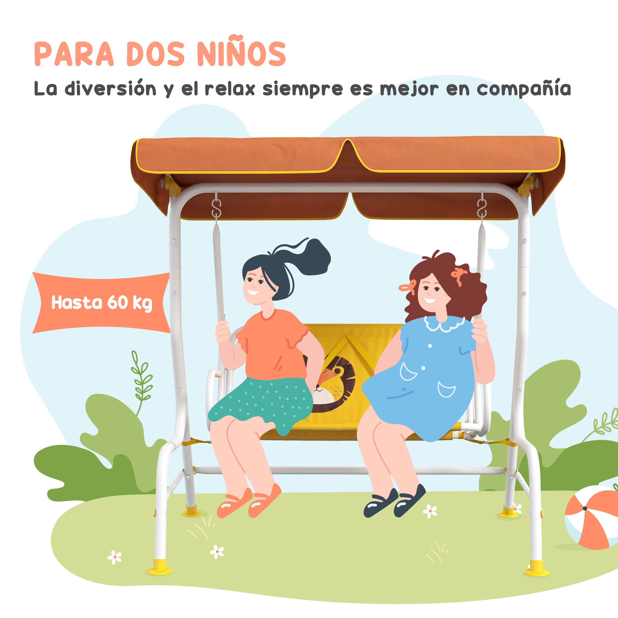 Garden Swing Children's Outdoor Swing with Lion Pattern Adjustable Canopy Load 60 kg 110x70x110 cm Yellow
