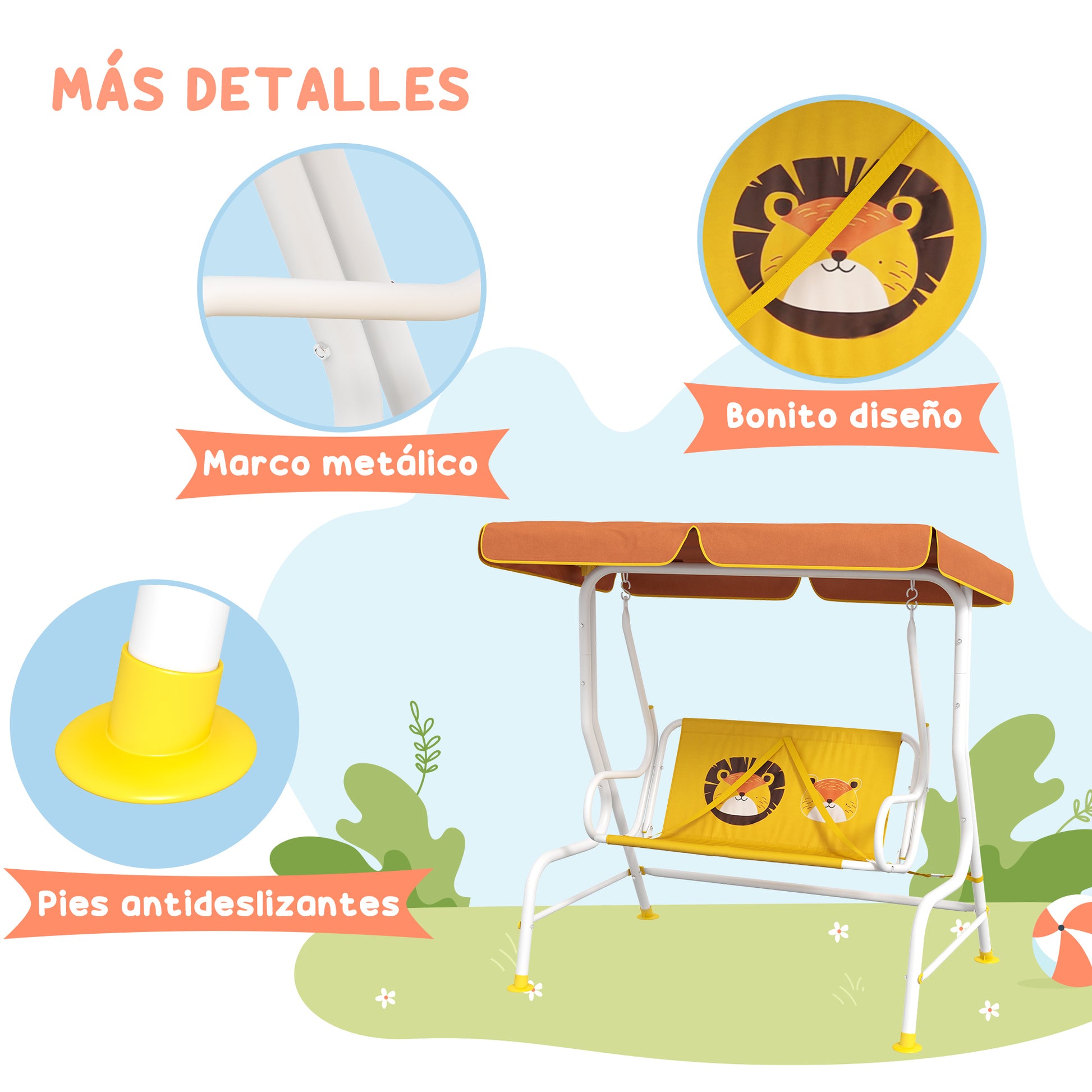 Garden Swing Children's Outdoor Swing with Lion Pattern Adjustable Canopy Load 60 kg 110x70x110 cm Yellow