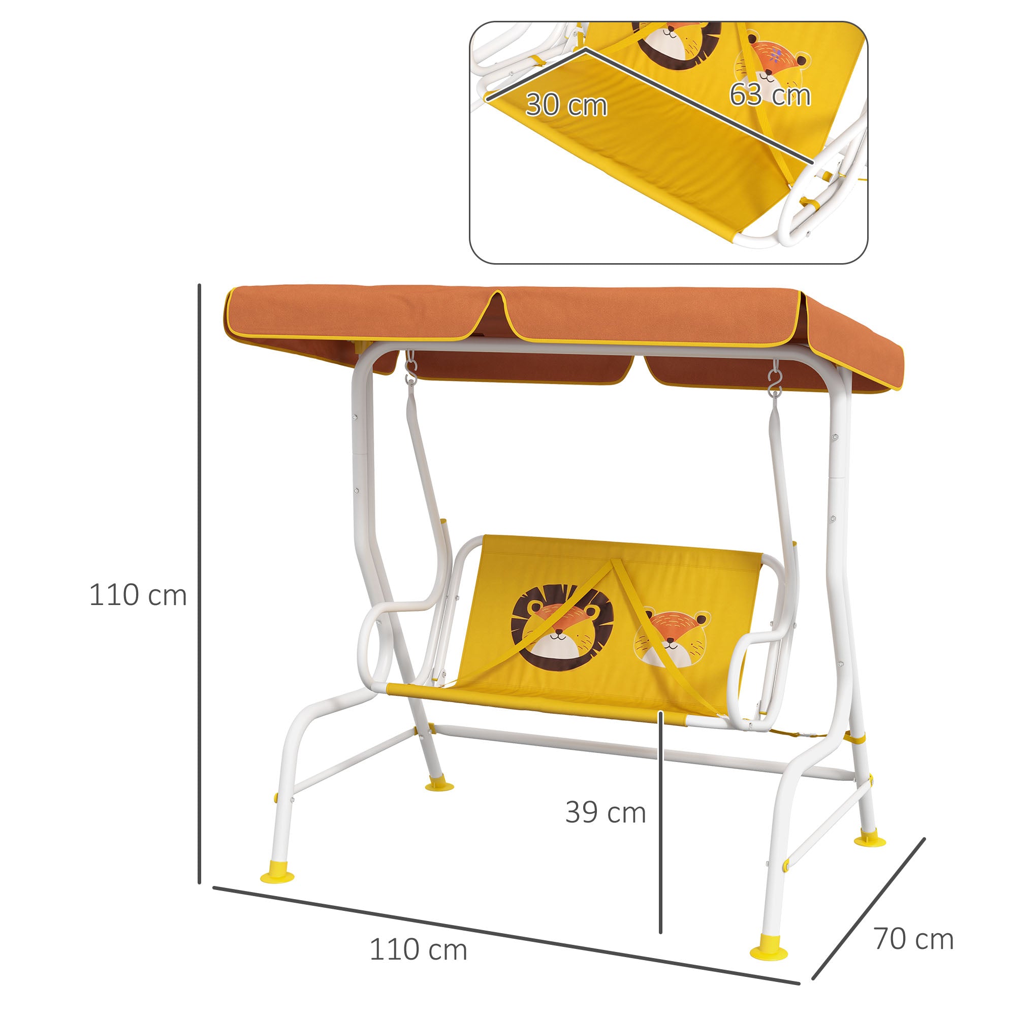 Garden Swing Children's Outdoor Swing with Lion Pattern Adjustable Canopy Load 60 kg 110x70x110 cm Yellow