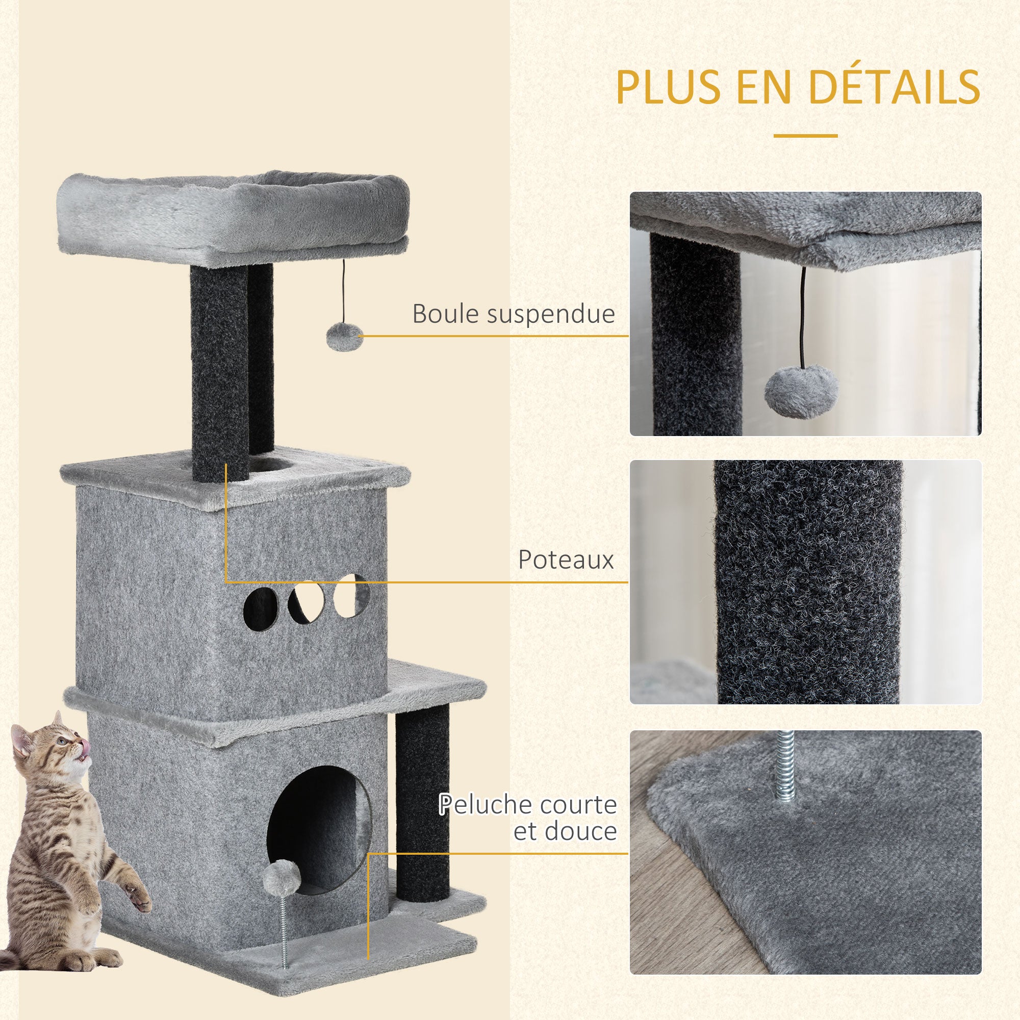 Cozy Chic Design Multi-Equipment Cat Tree Activity Center with Niches Platforms Bedplay Ball Removable Washable Felt Short Plush Particle Board Panels 48 x 48 x 100 cm Gray