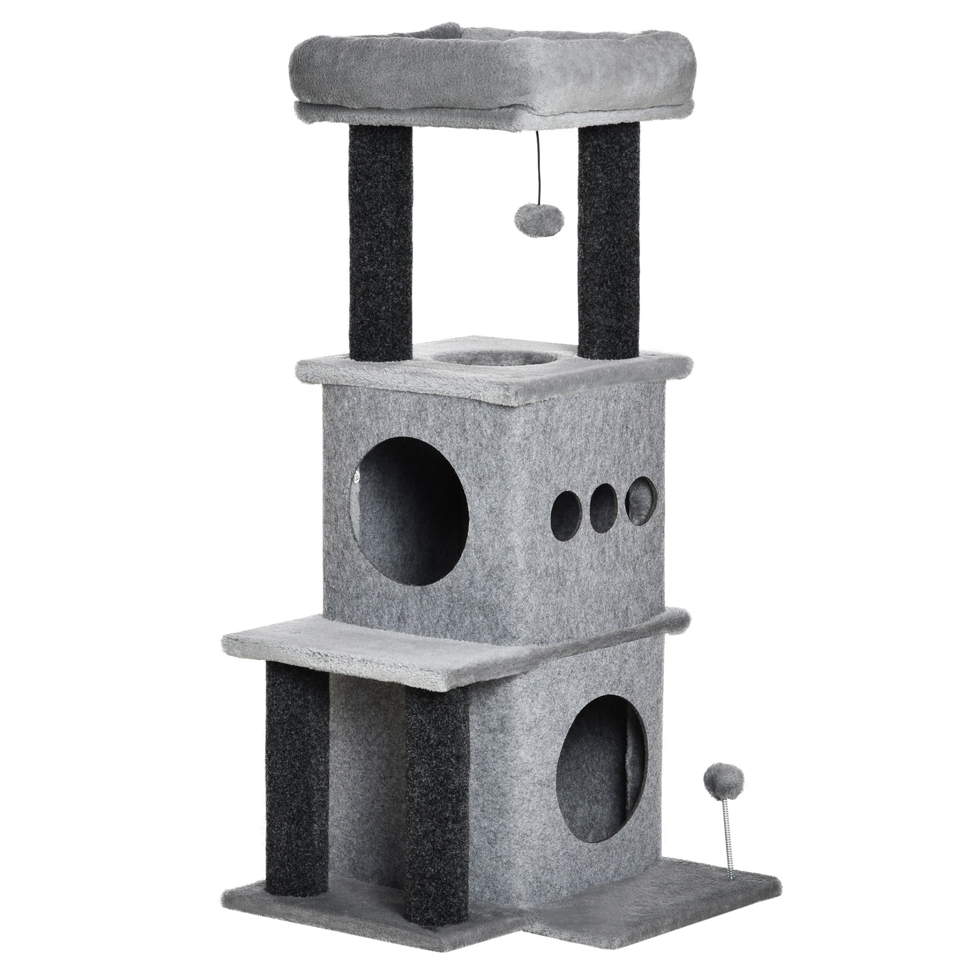 Cozy Chic Design Multi-Equipment Cat Tree Activity Center with Niches Platforms Bedplay Ball Removable Washable Felt Short Plush Particle Board Panels 48 x 48 x 100 cm Gray