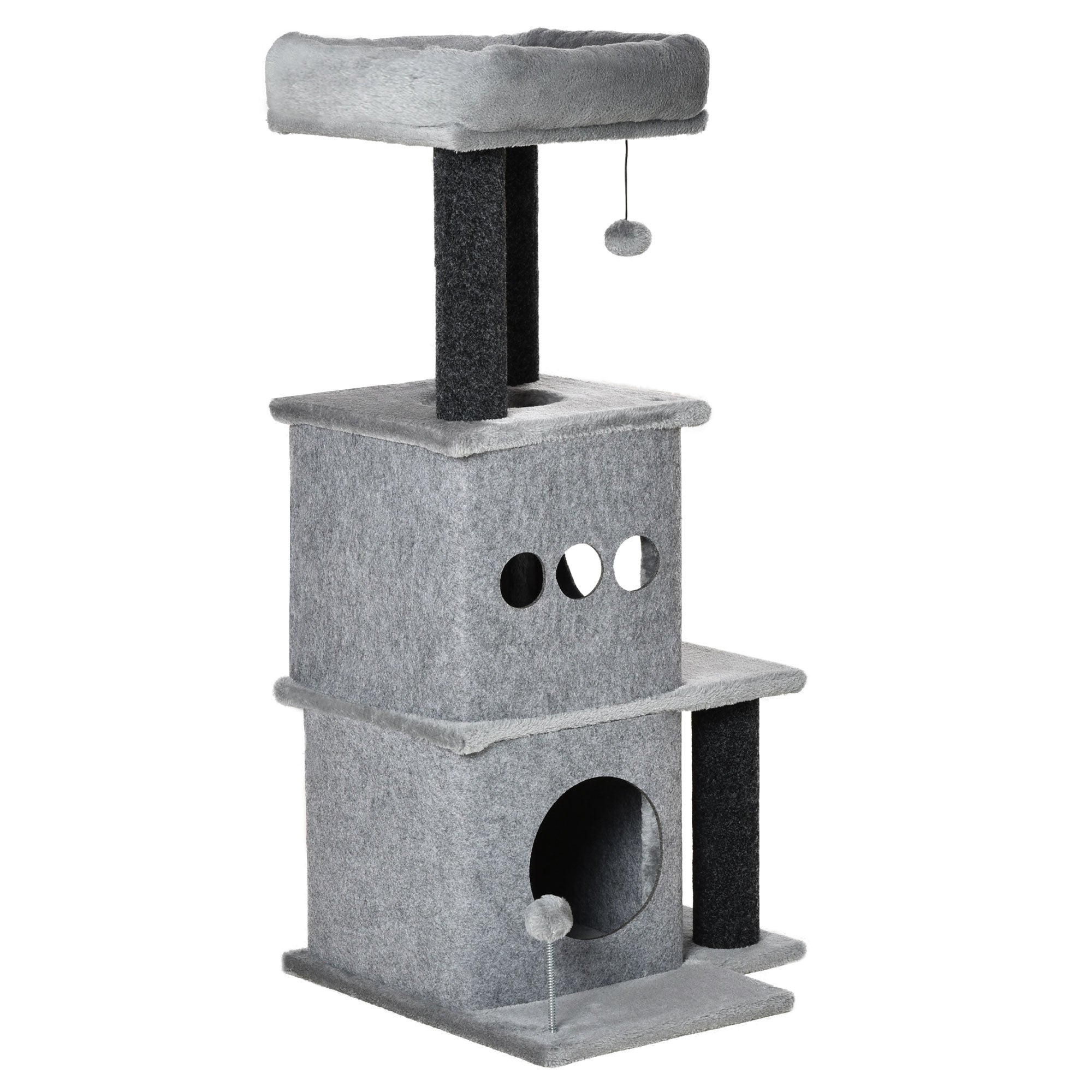 Cozy Chic Design Multi-Equipment Cat Tree Activity Center with Niches Platforms Bedplay Ball Removable Washable Felt Short Plush Particle Board Panels 48 x 48 x 100 cm Gray