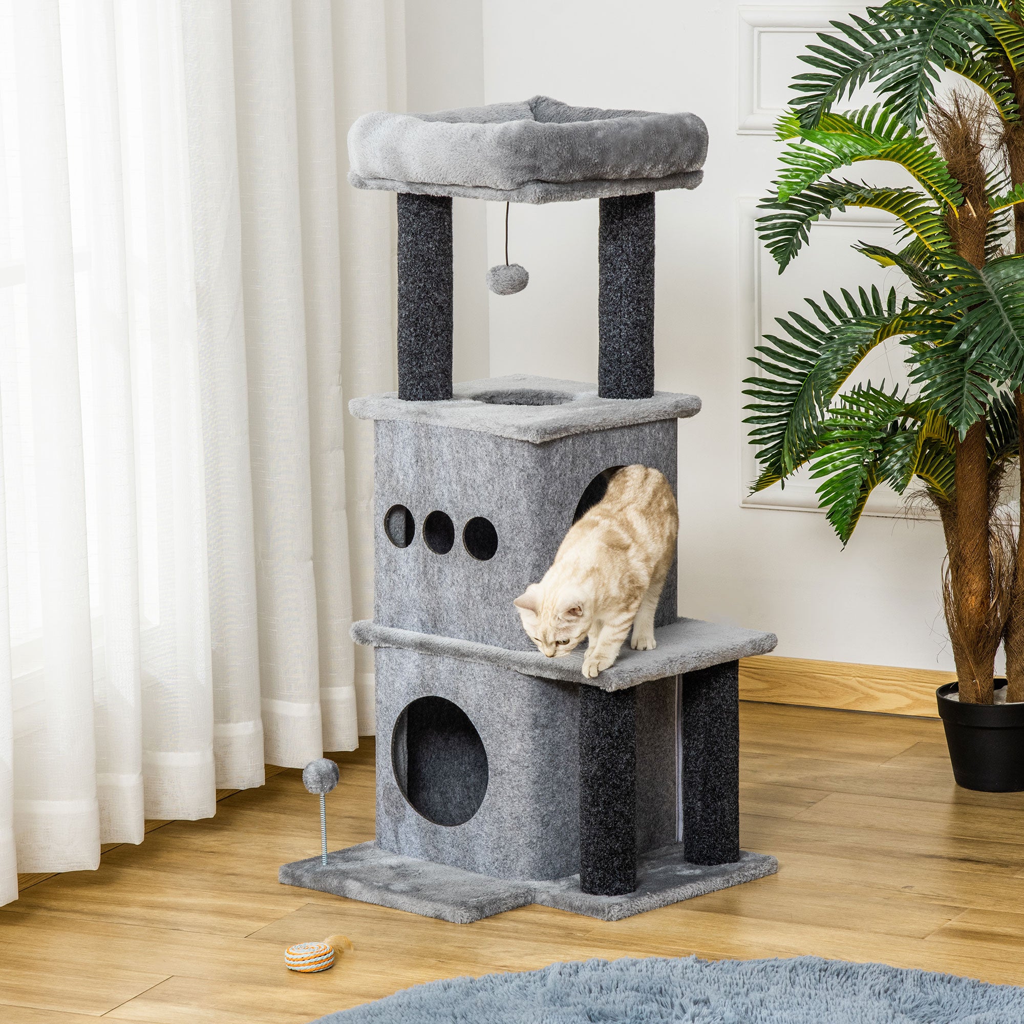 Cozy Chic Design Multi-Equipment Cat Tree Activity Center with Niches Platforms Bedplay Ball Removable Washable Felt Short Plush Particle Board Panels 48 x 48 x 100 cm Gray