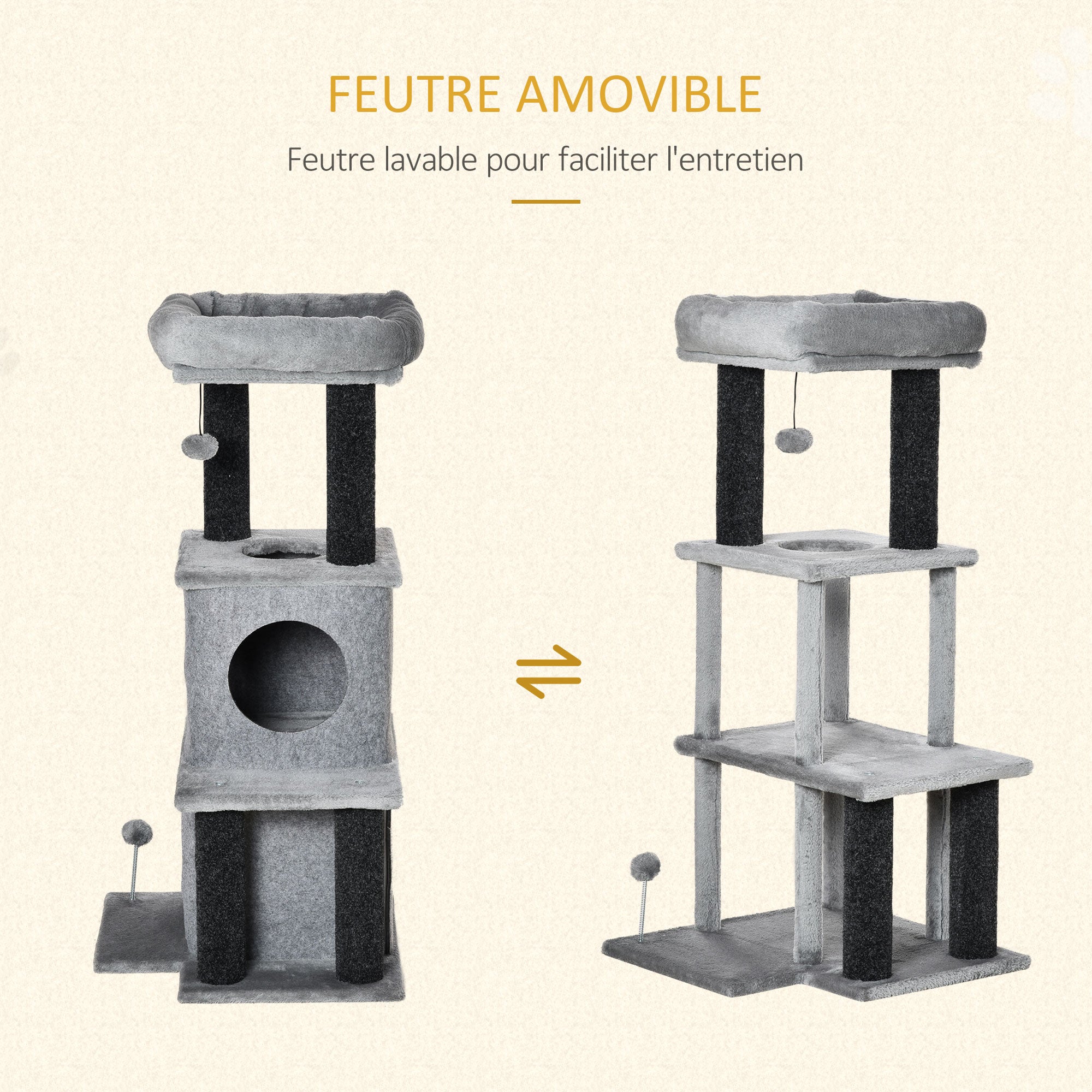 Cozy Chic Design Multi-Equipment Cat Tree Activity Center with Niches Platforms Bedplay Ball Removable Washable Felt Short Plush Particle Board Panels 48 x 48 x 100 cm Gray