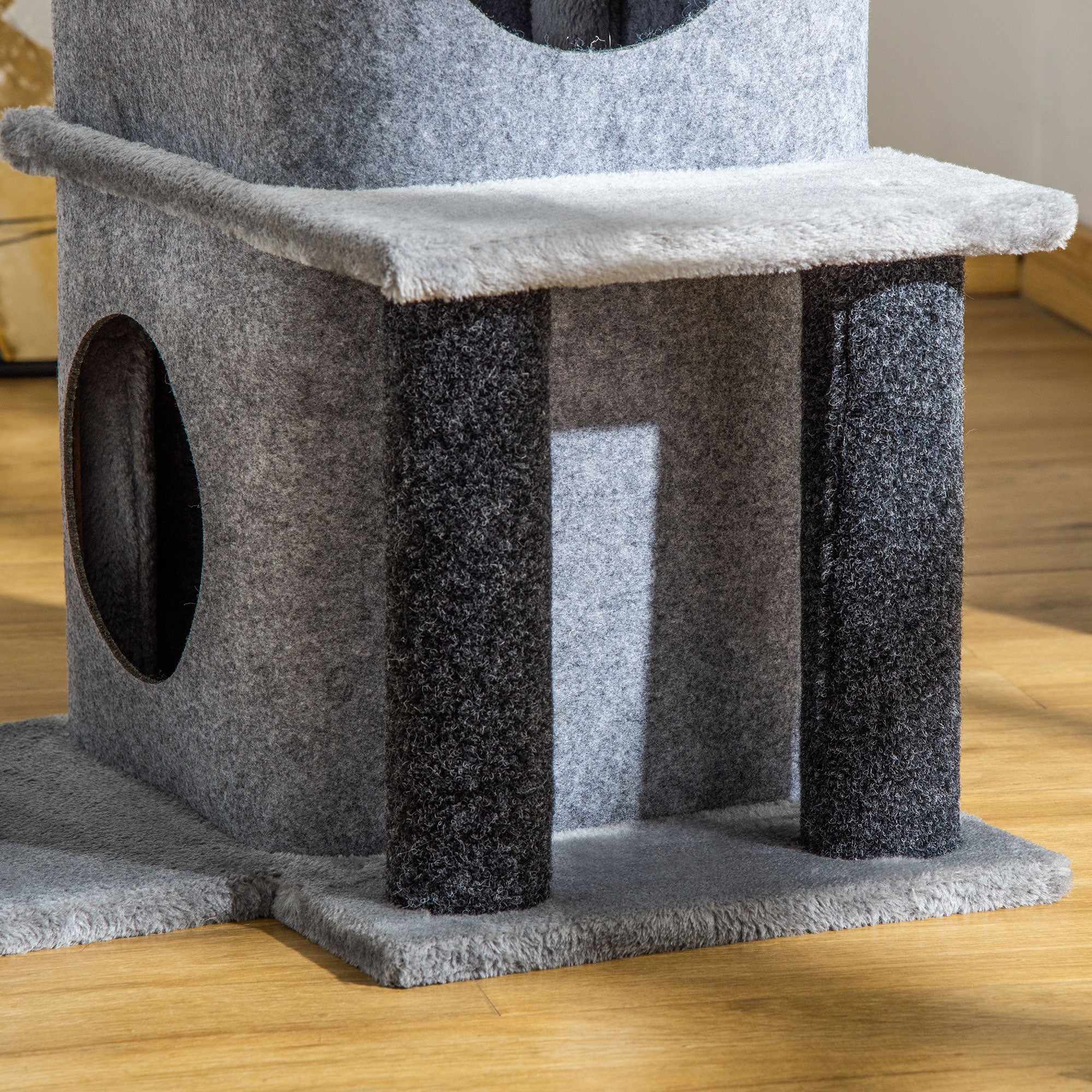 Cozy Chic Design Multi-Equipment Cat Tree Activity Center with Niches Platforms Bedplay Ball Removable Washable Felt Short Plush Particle Board Panels 48 x 48 x 100 cm Gray