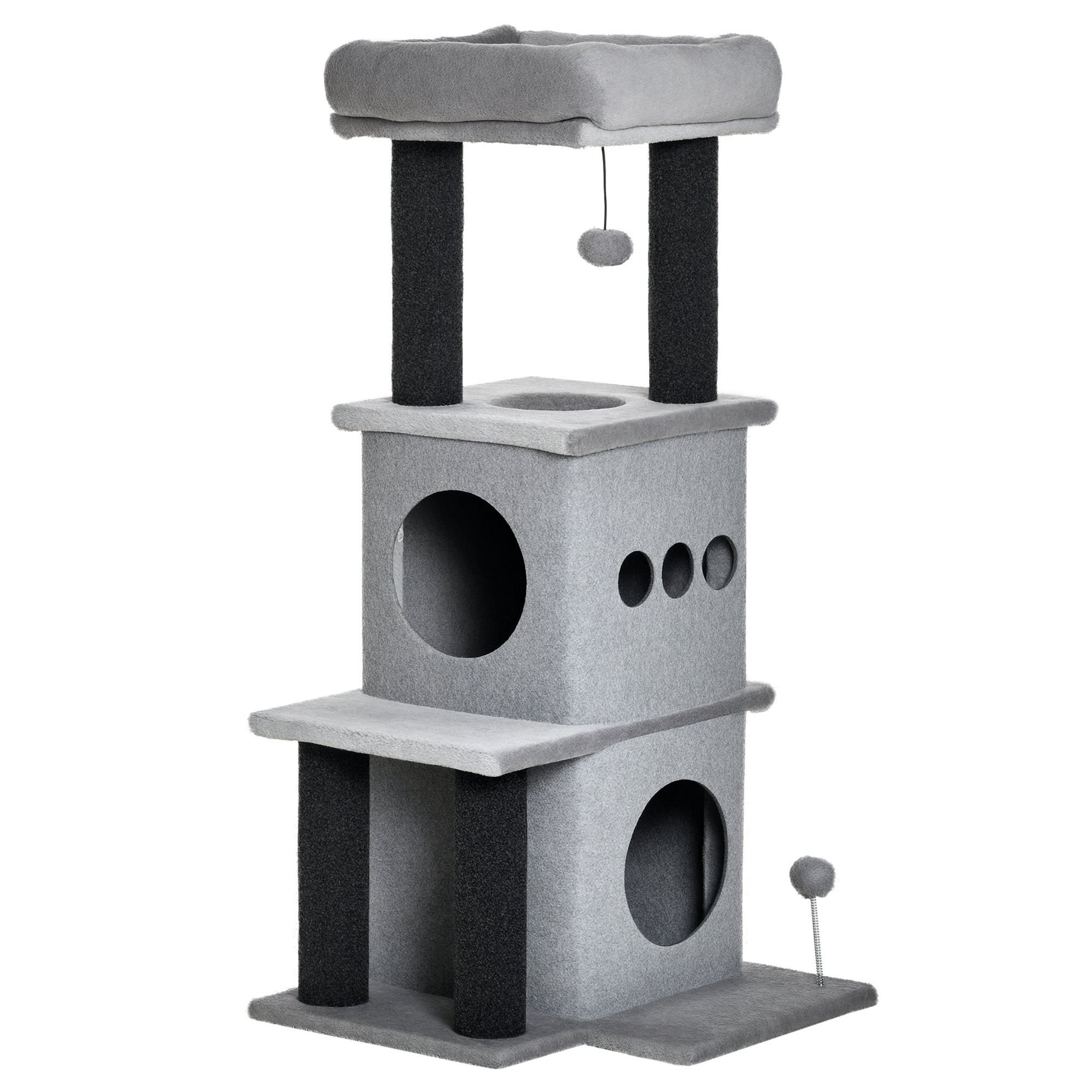 Cozy Chic Design Multi-Equipment Cat Tree Activity Center with Niches Platforms Bedplay Ball Removable Washable Felt Short Plush Particle Board Panels 48 x 48 x 100 cm Gray