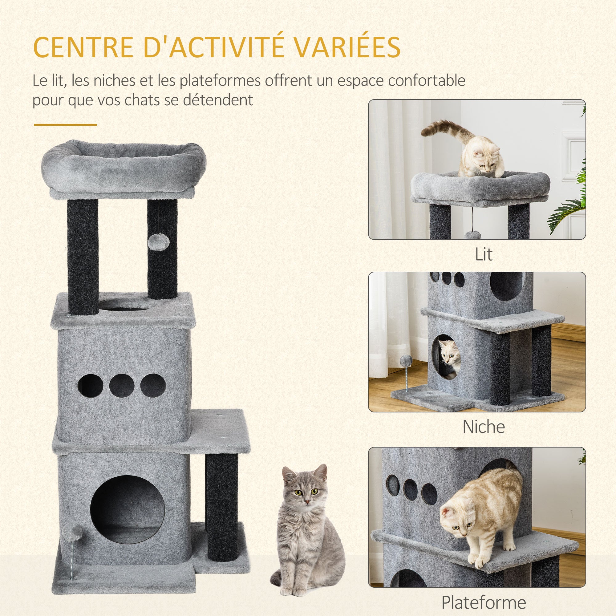 Cozy Chic Design Multi-Equipment Cat Tree Activity Center with Niches Platforms Bedplay Ball Removable Washable Felt Short Plush Particle Board Panels 48 x 48 x 100 cm Gray