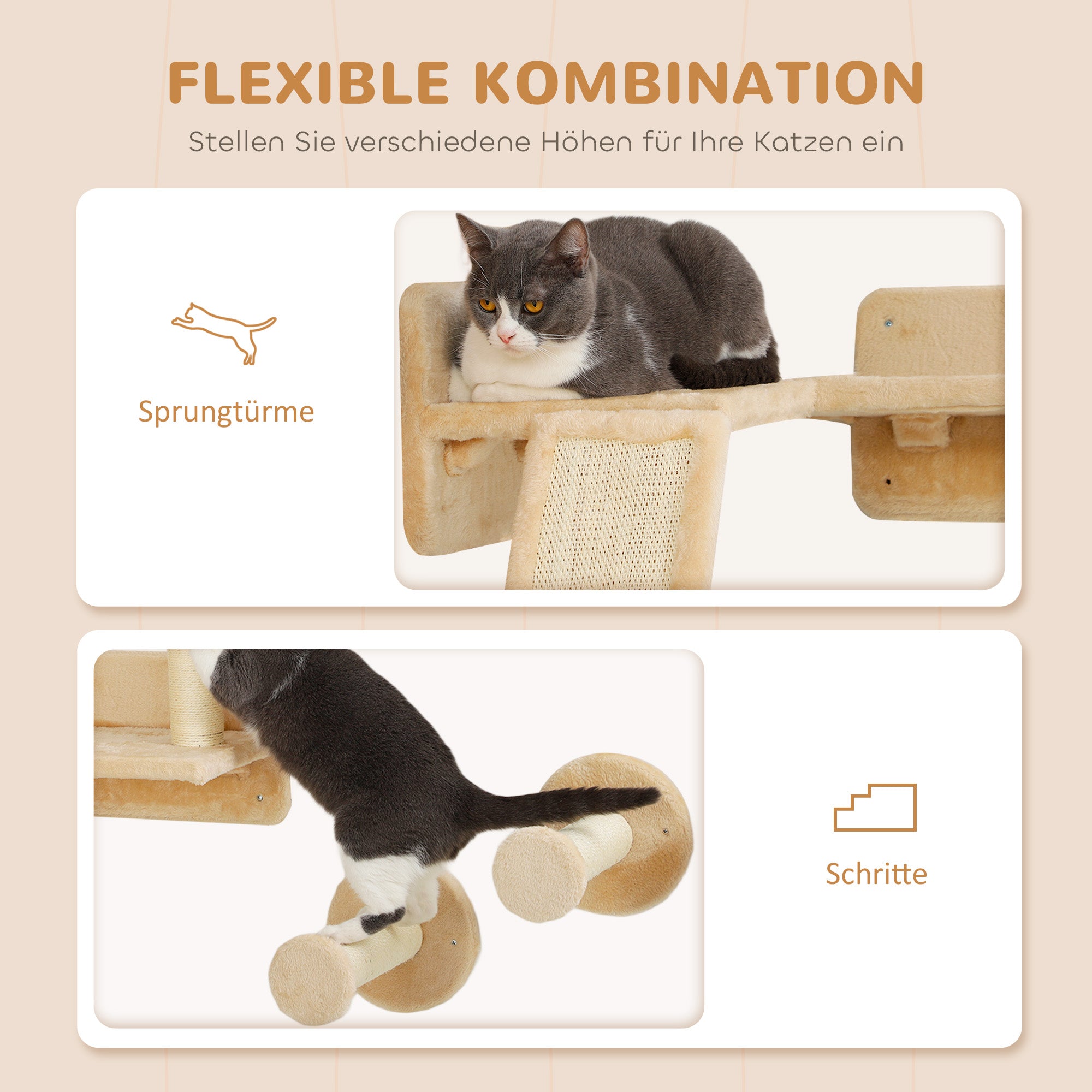 Cat Climbing Wall Set, 3-Piece Cat Furniture with Scratching Board, Jumping Platforms, Scratching Post, Play Ball, for Cats up to 5 kg, Sisal, Beige