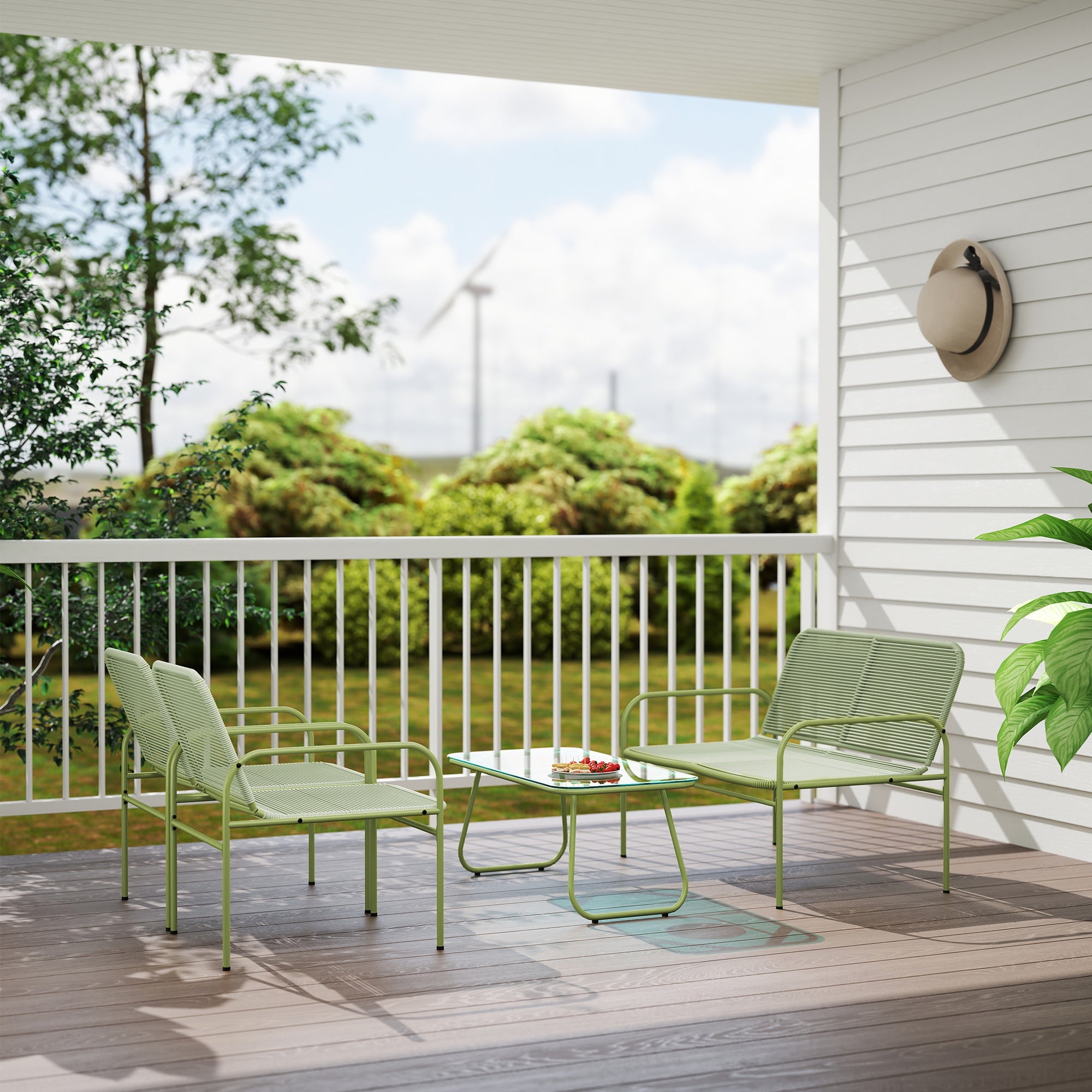 4-Seater Outdoor Rattan Garden Furniture Set with 2-Seater Sofa, 2 Armchairs, Tempered Glass Table, Steel Frame, Garden Furniture for Balcony Terrace, Green
