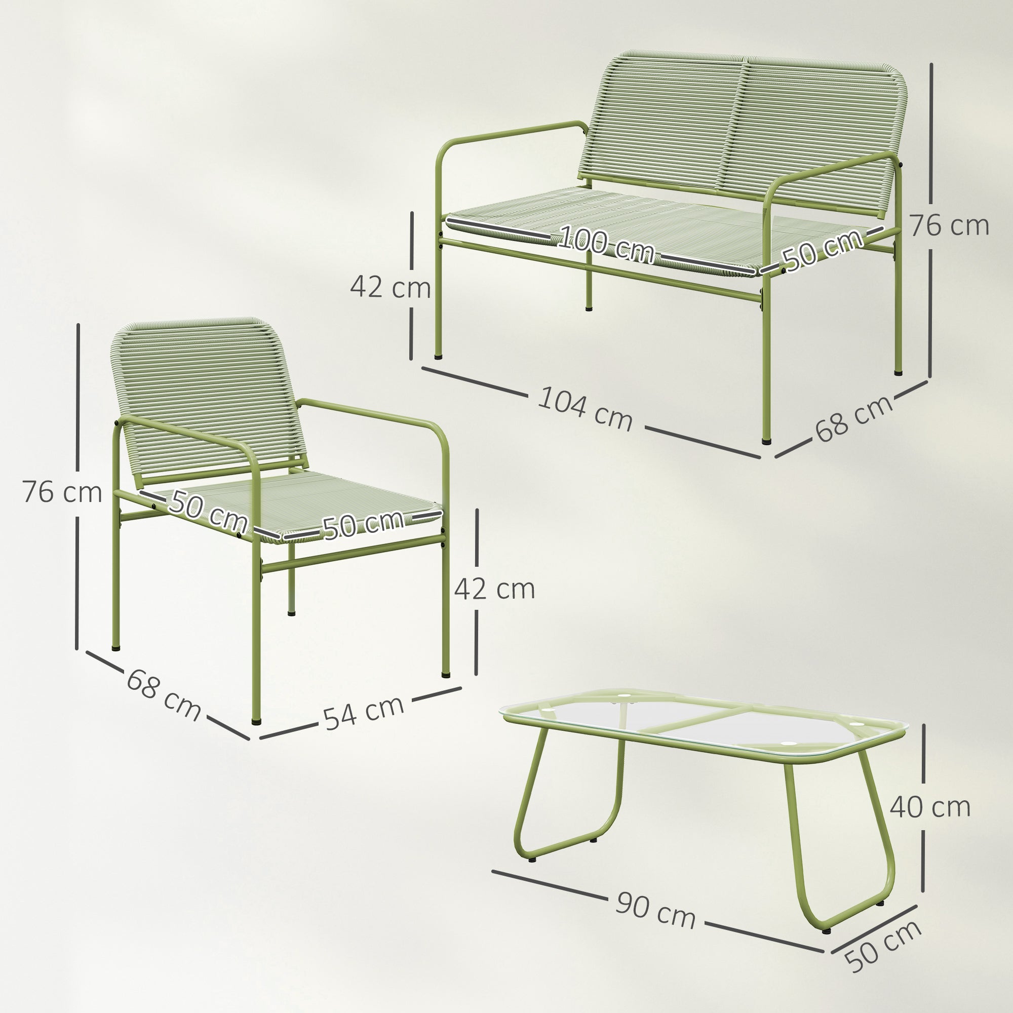 4-Seater Outdoor Rattan Garden Furniture Set with 2-Seater Sofa, 2 Armchairs, Tempered Glass Table, Steel Frame, Garden Furniture for Balcony Terrace, Green