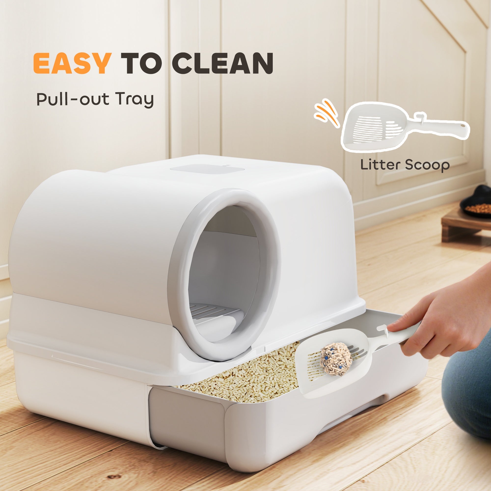Covered Cat Litter Box with Hood & Scoop, Pull-Out Tray, 2 Activated Carbon Filters — White/Gray, for Cats up to 11 lb, 23.2 x 15.6 x 15.6 in