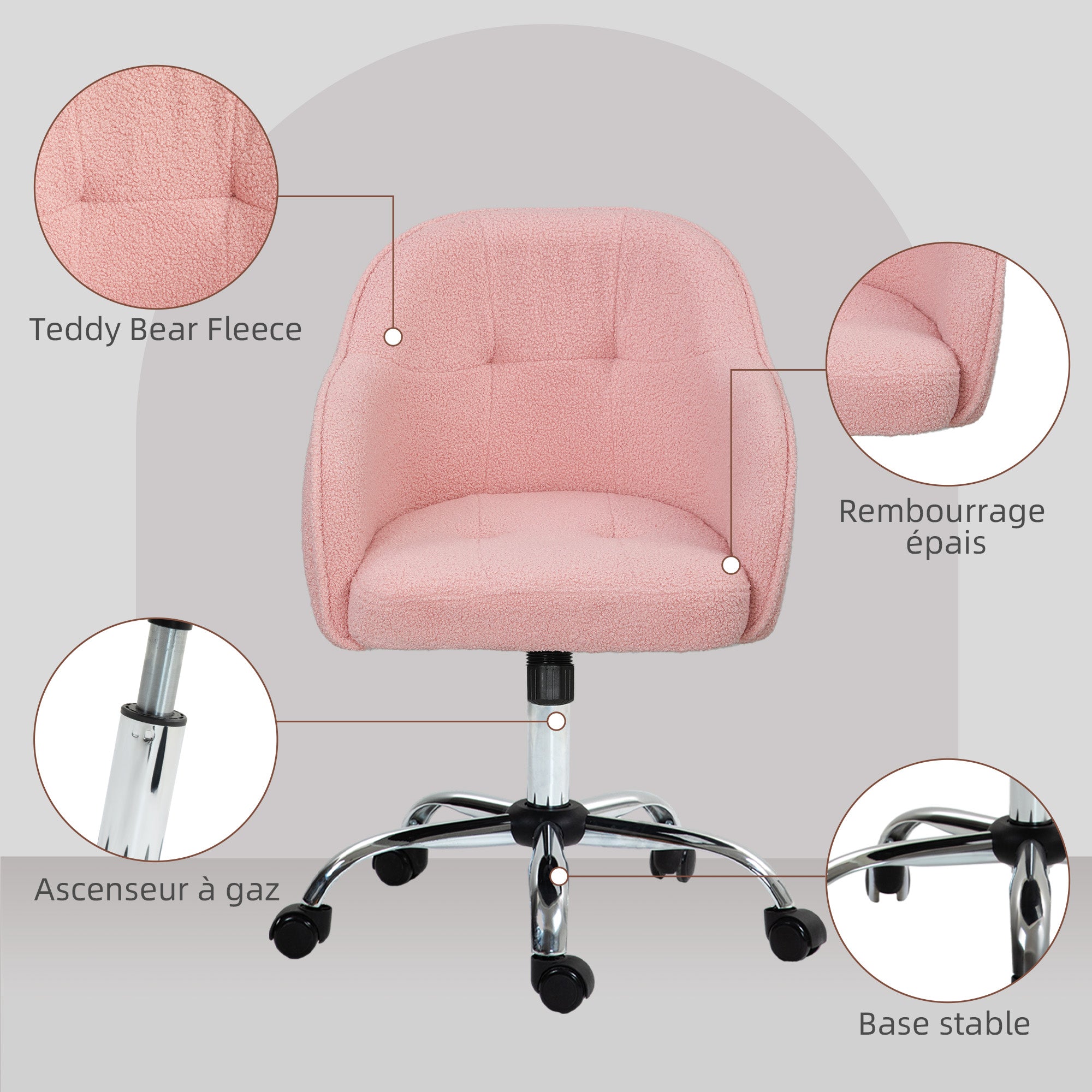 Office Chair, Teddy Plush Ergonomic Desk Chair, Adjustable Height, Padded Seat and Backrest, 360° Swivel, Modern Design, for Office, Bedroom, Pink
