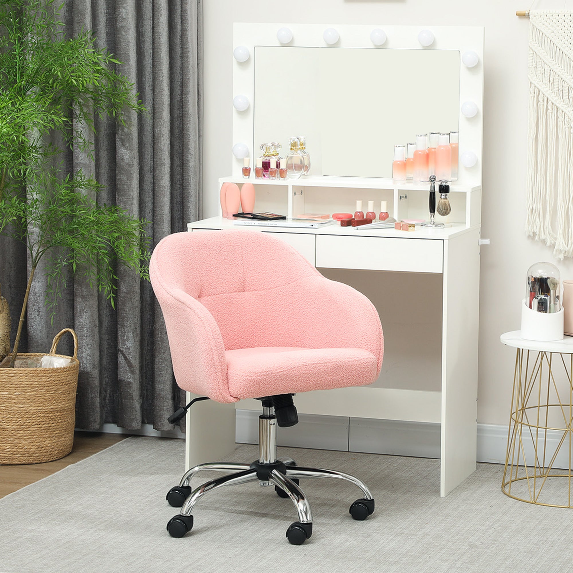 Office Chair, Teddy Plush Ergonomic Desk Chair, Adjustable Height, Padded Seat and Backrest, 360° Swivel, Modern Design, for Office, Bedroom, Pink