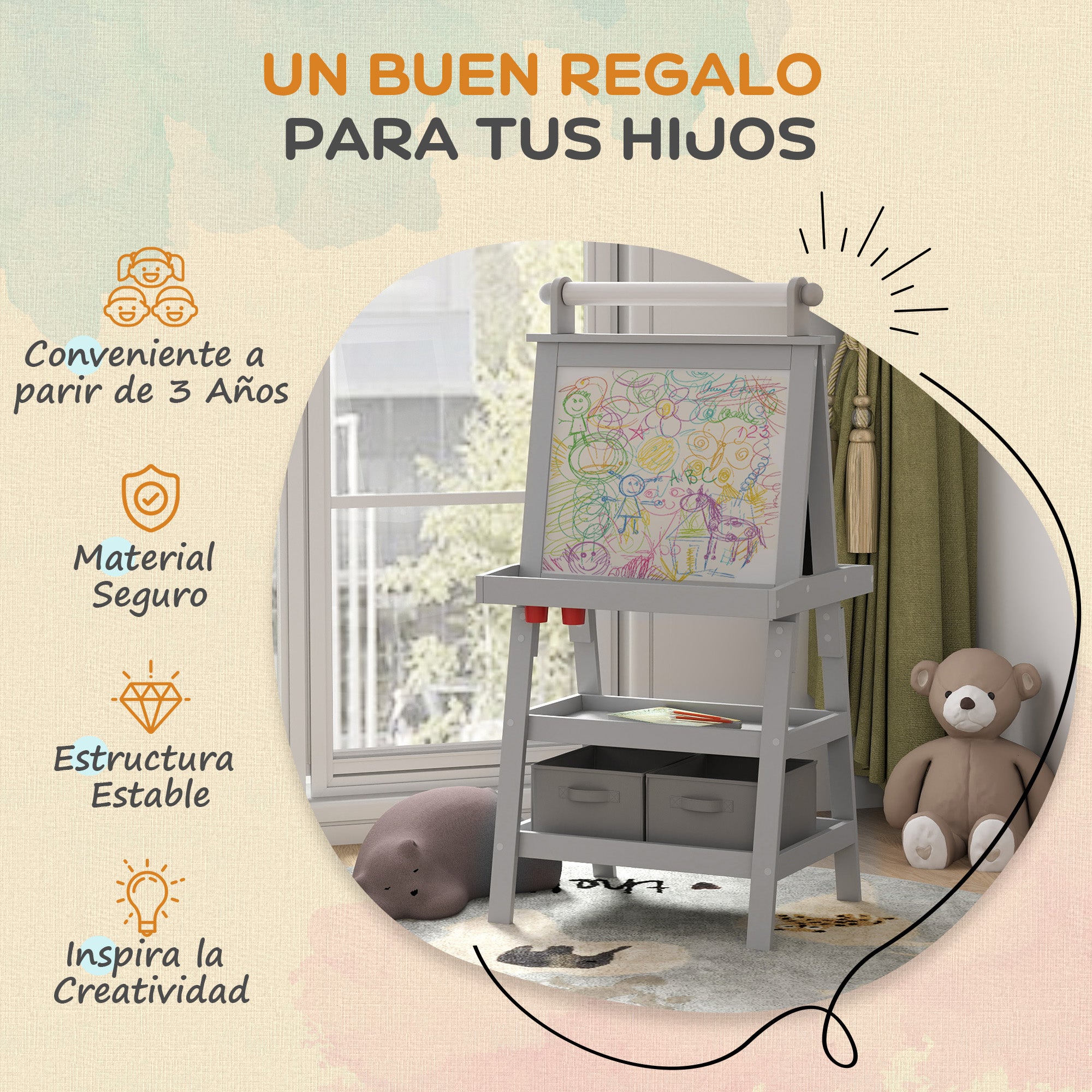 AIYPLAY Children's Drawing Easel 3 in 1 Magnetic Double-Sided Children's Blackboard Painting Easel with Paper Roll and Storage Baskets 59x48x118 cm Gray