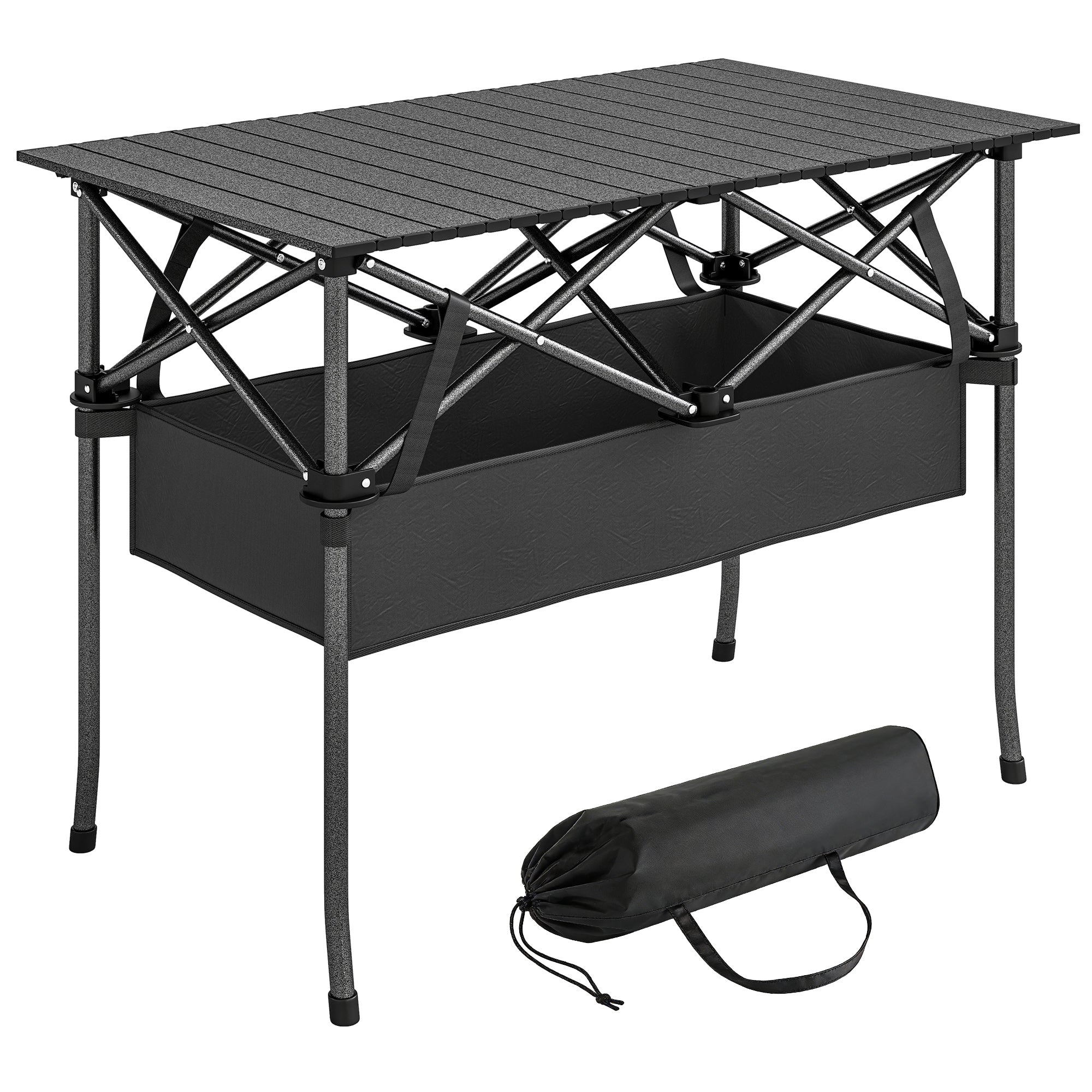 Foldable Camping Table, 36.6 x 21.7 x 26.8 in, Portable Roll-Up Aluminum Top with Storage Net, Metal Frame, Carry Bag, Black