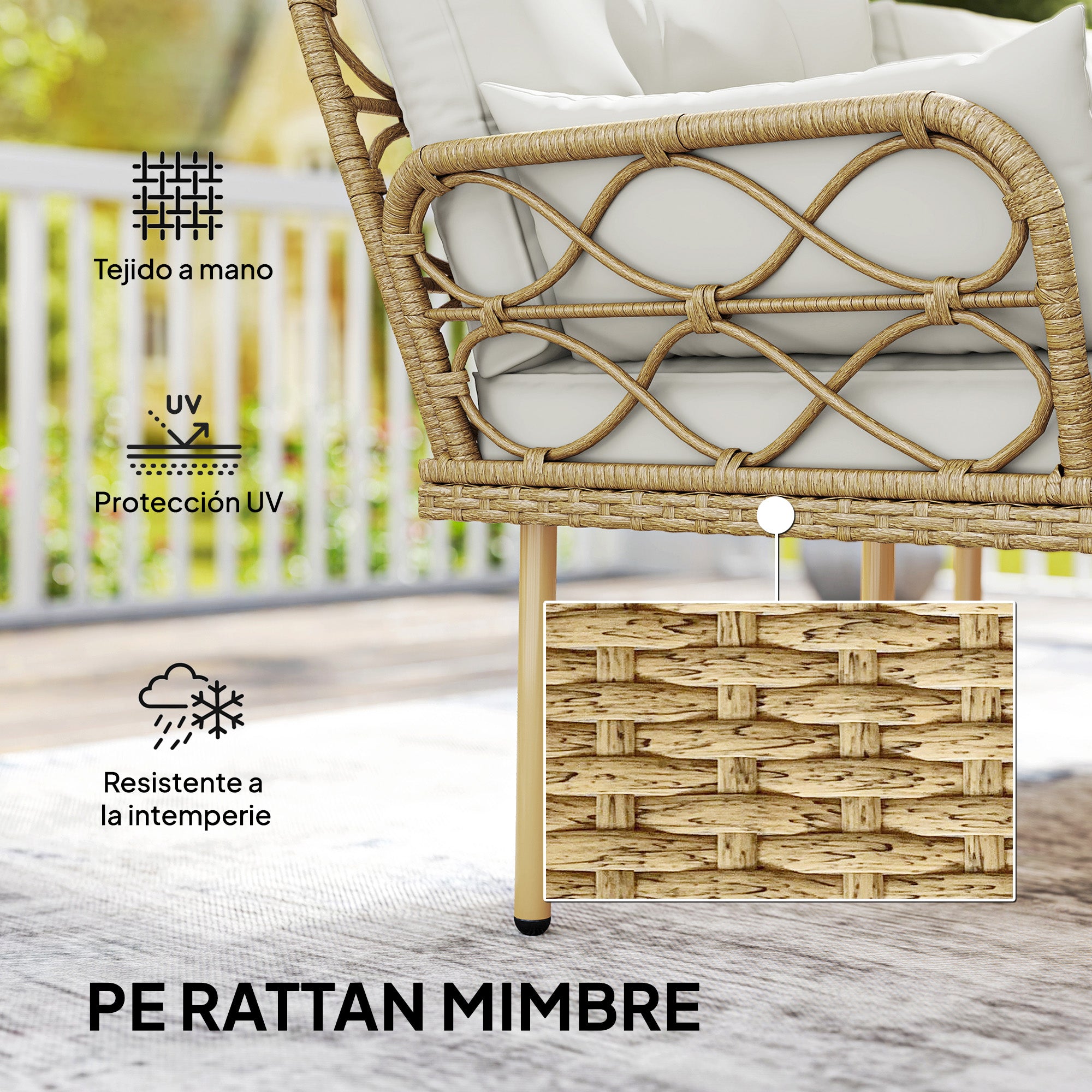 3-Piece PE Rattan Outdoor Patio Set — Chaise Lounge, 2-Seat Sofa & 2-Tier Metal Coffee Table with Cushions, UV-Resistant, Cream