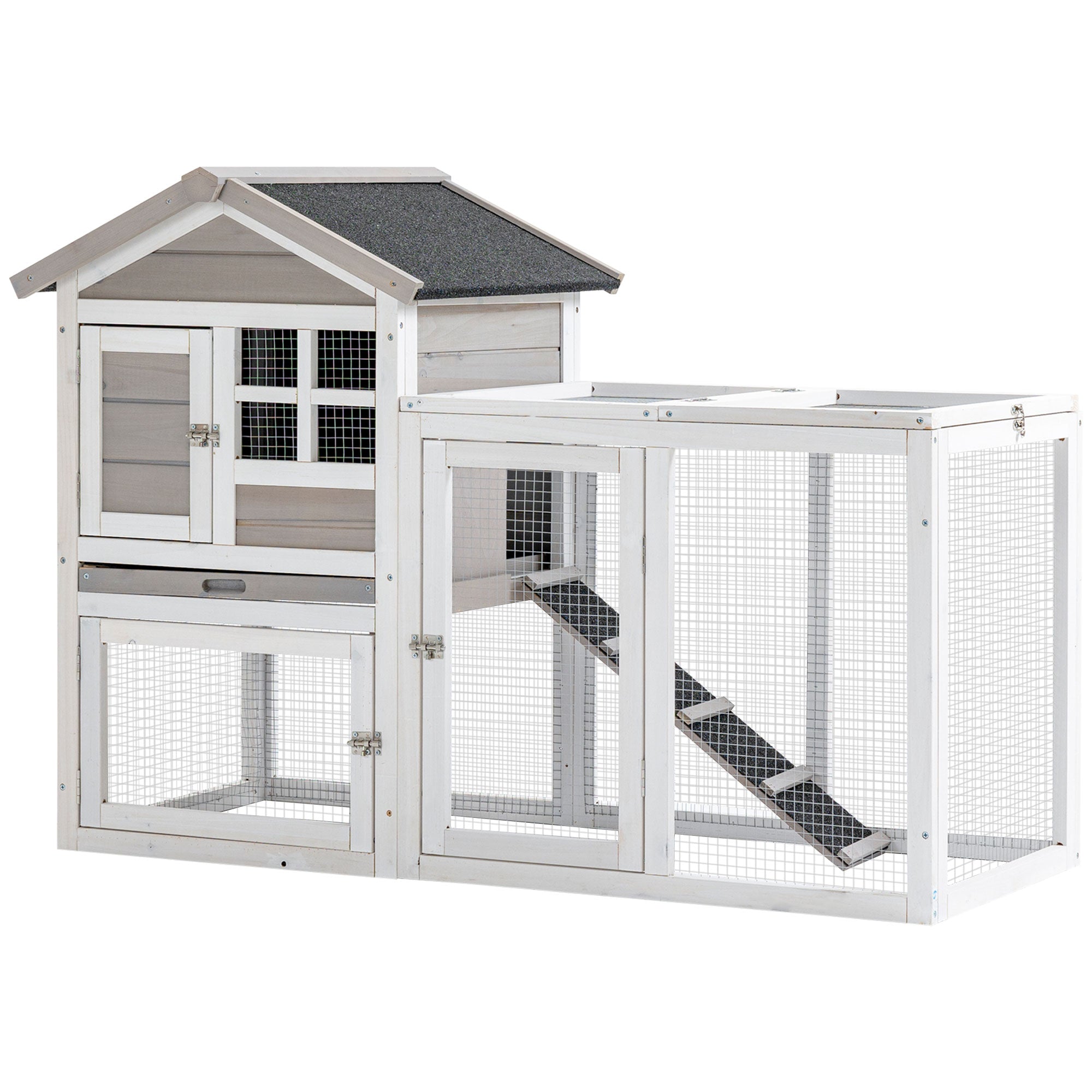 Rabbit Hutch Cottage - Upper Enclosure with Ramp and Outdoor Enclosure - Pull-Out Tray, Bituminous Roof, 4 Lockable Doors - Dimensions 128L x 64W x 92H cm Spruce Wood White Gray