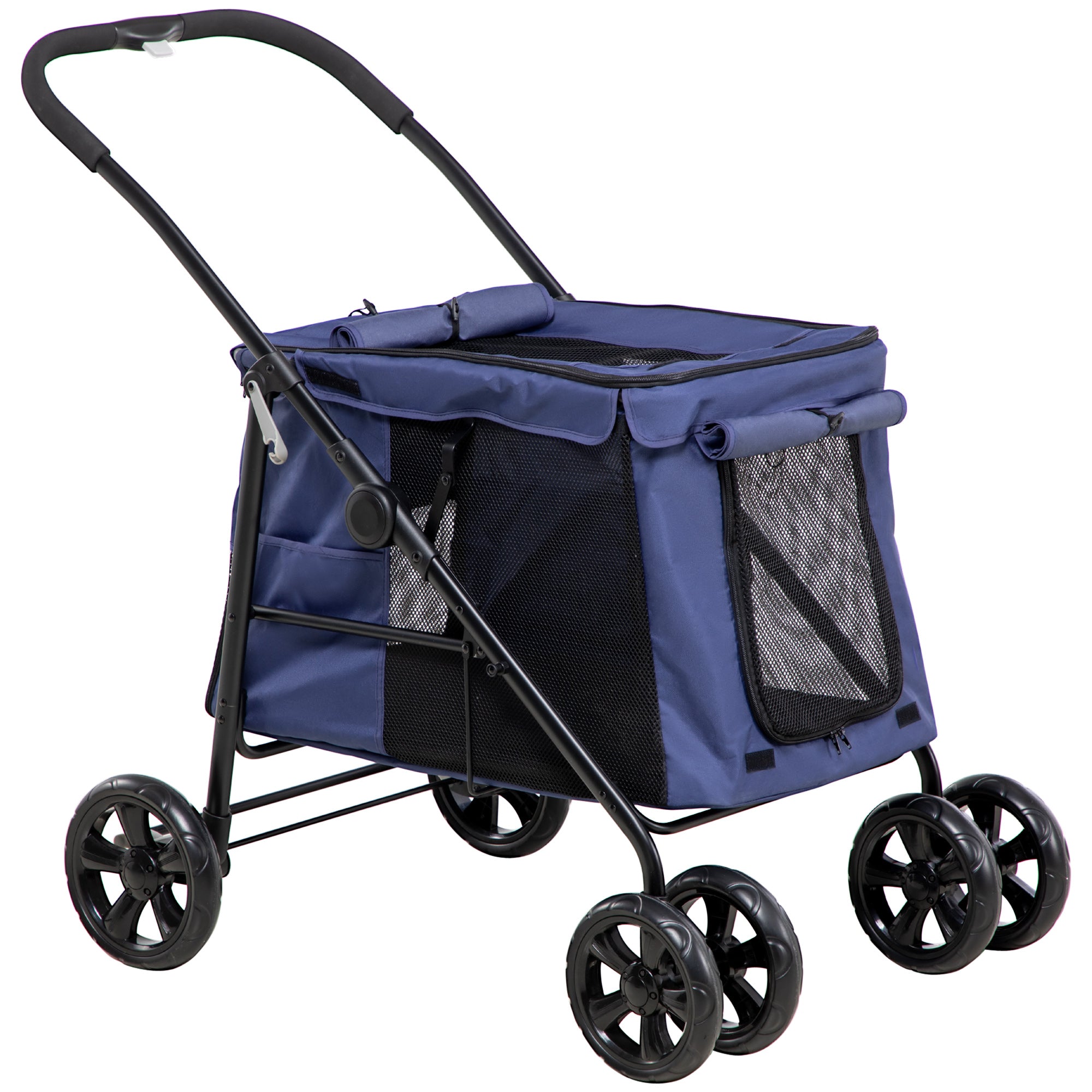 Dog Stroller, Foldable Dog Buggy, Dog Trolley with Cushion, Cat Buggy up to 20 kg, Cat Cart for Small and Medium Dogs with Side Pockets, Mesh Window, Oxford Fabric, Blue