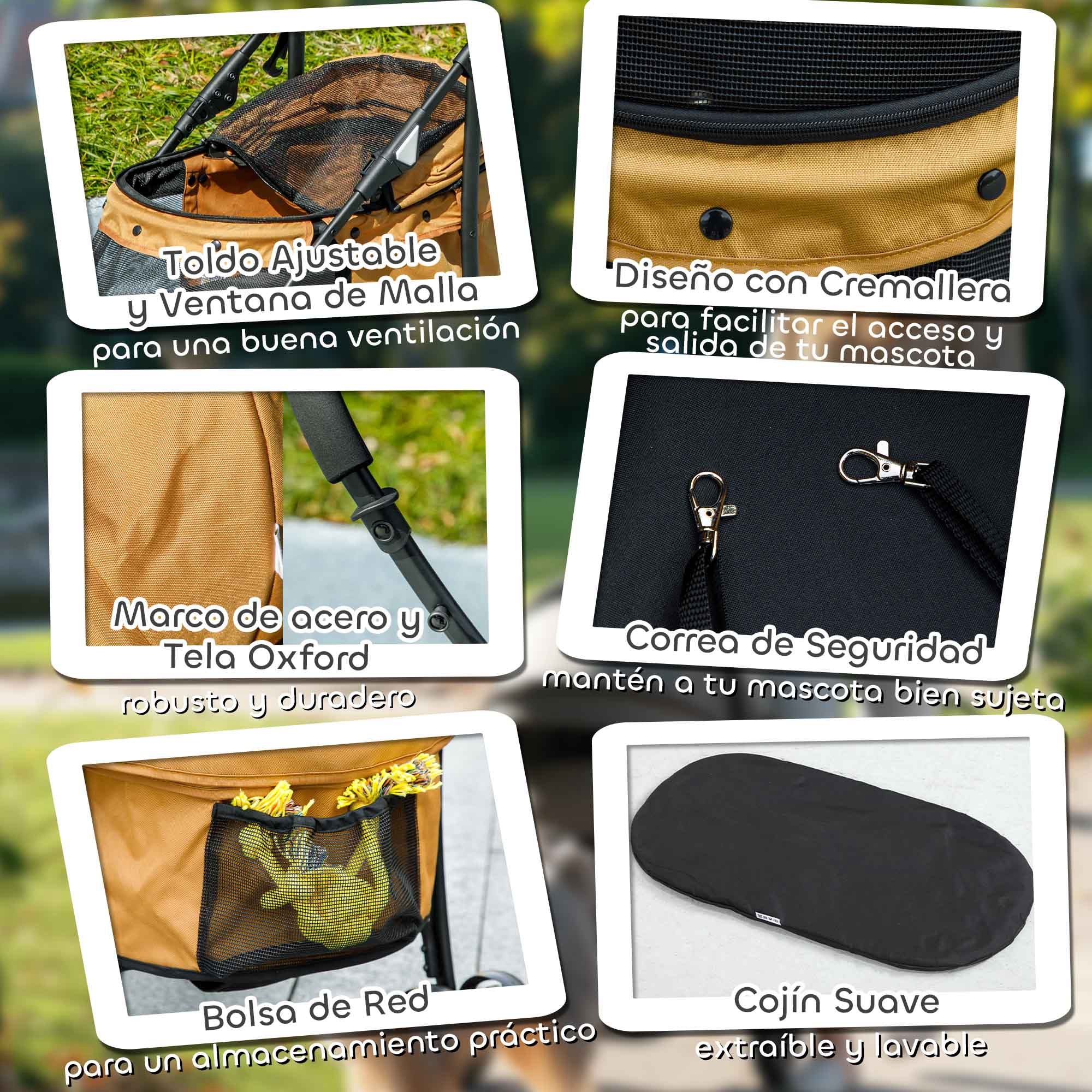 Folding Pet Stroller Pet Carriage for Small Dogs with Mesh Windows Washable Cushion Safety Straps and Steel Frame Load 15 kg Brown