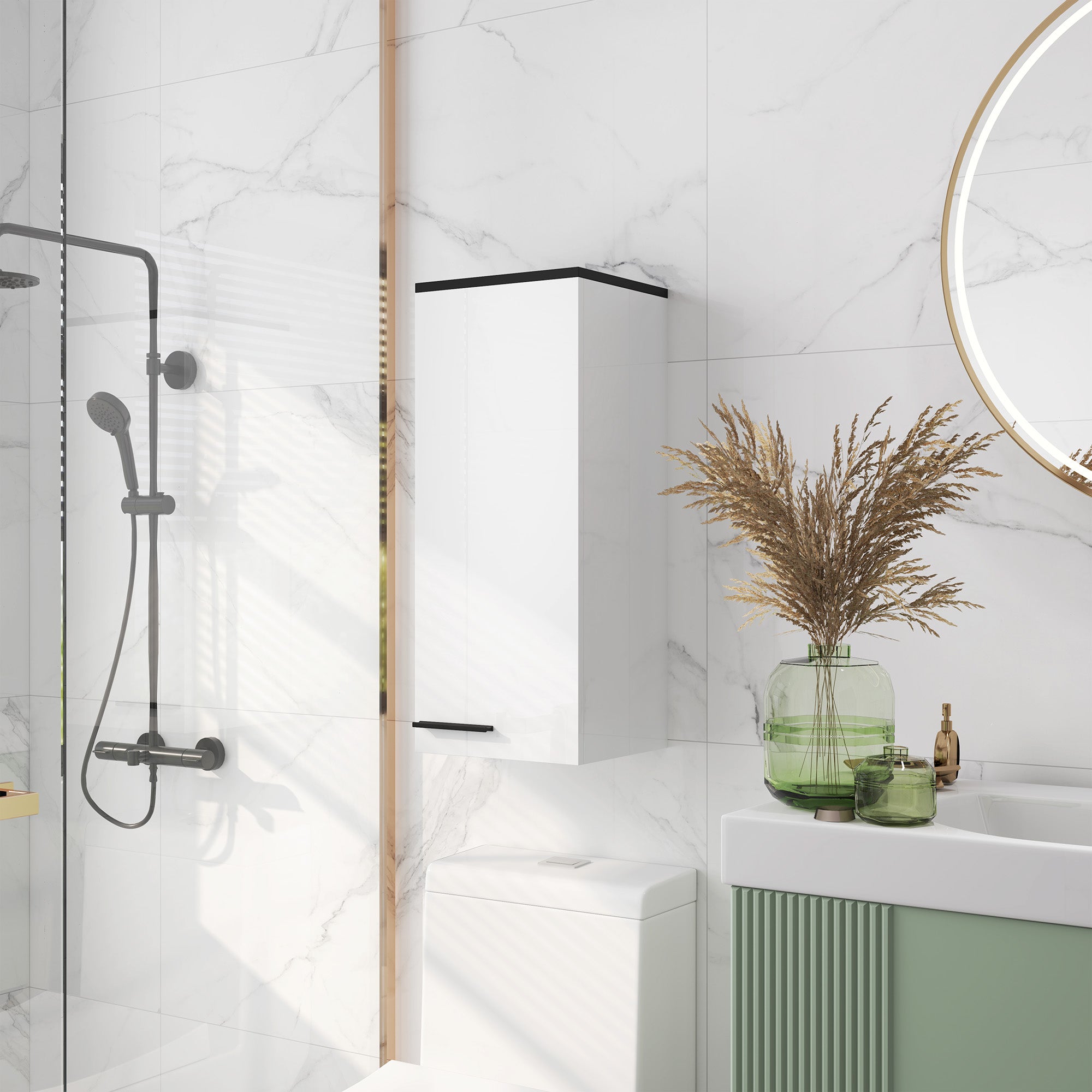 Wall Mounted Bathroom Cabinet, Bathroom Storage with 3 Shelves and Adjustable Shelves, 30x32x73 cm, Glossy White