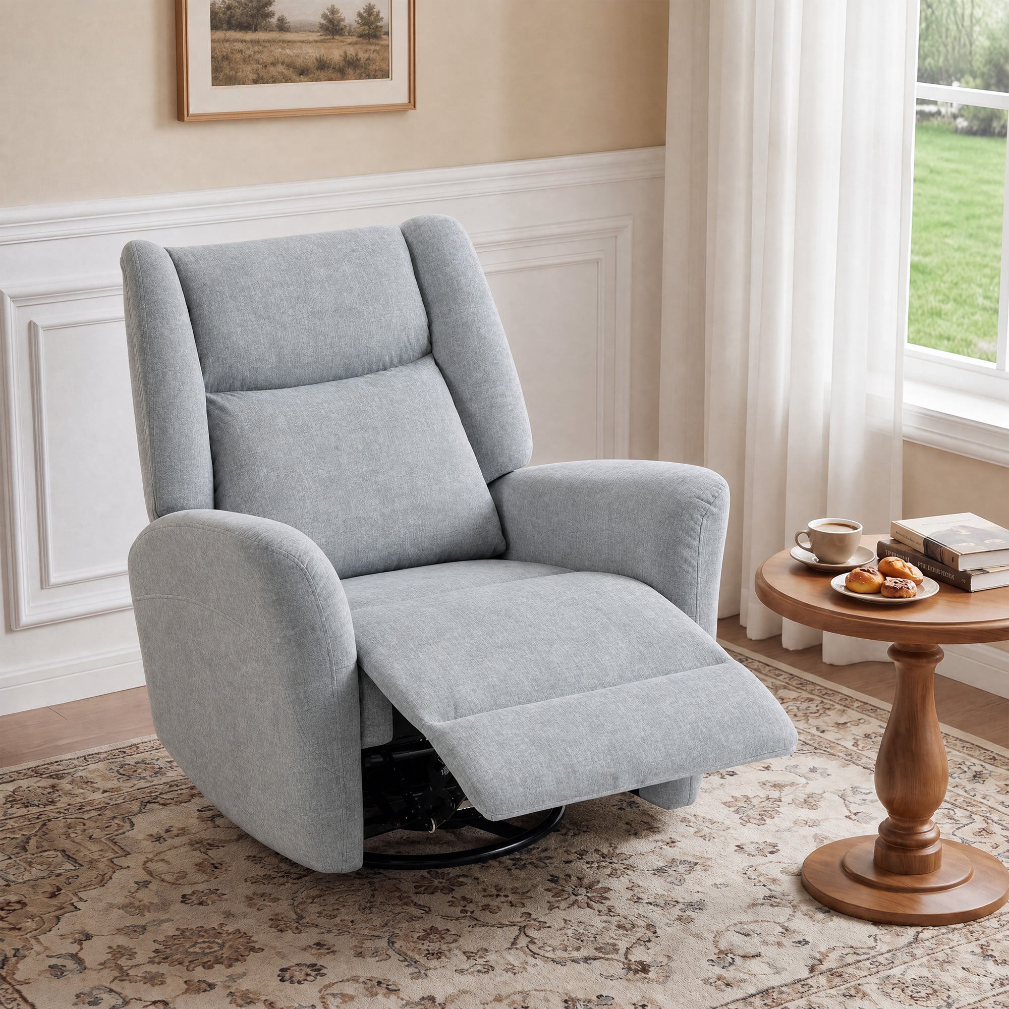 Recliner Chair with Footrest – Swivel, Rocking & 135° Recline, Wide Deep Seat, Scratch-Resistant Fabric, Light Gray
