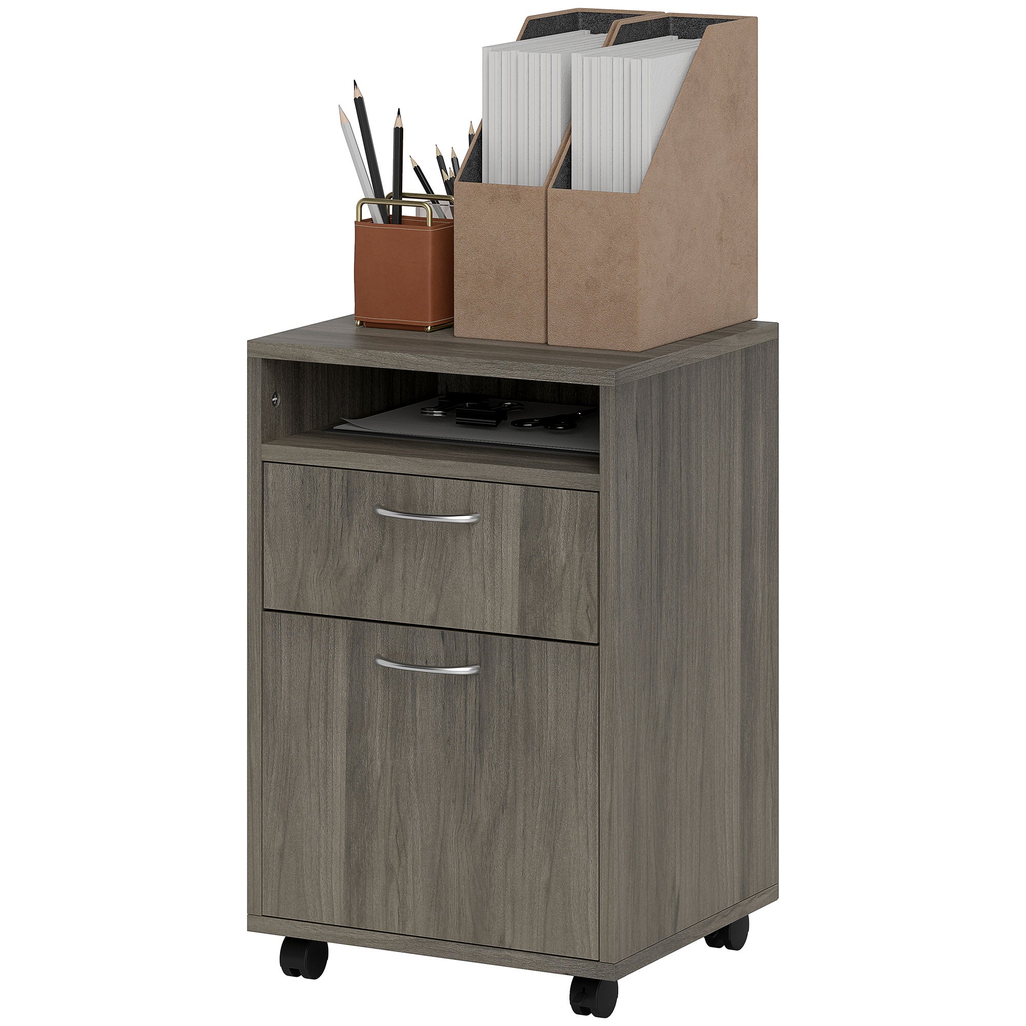 Office File Cabinet with Drawer, Cupboard, Locking Casters & Open Shelf — Fits Letter/Legal/A4, 15.7"x13.8"x23.6", Gray