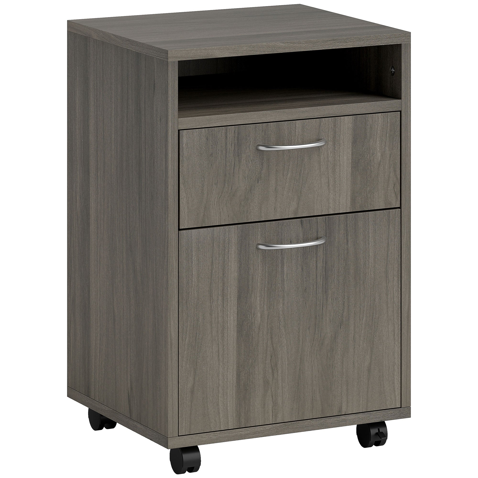 Office File Cabinet with Drawer, Cupboard, Locking Casters & Open Shelf — Fits Letter/Legal/A4, 15.7"x13.8"x23.6", Gray