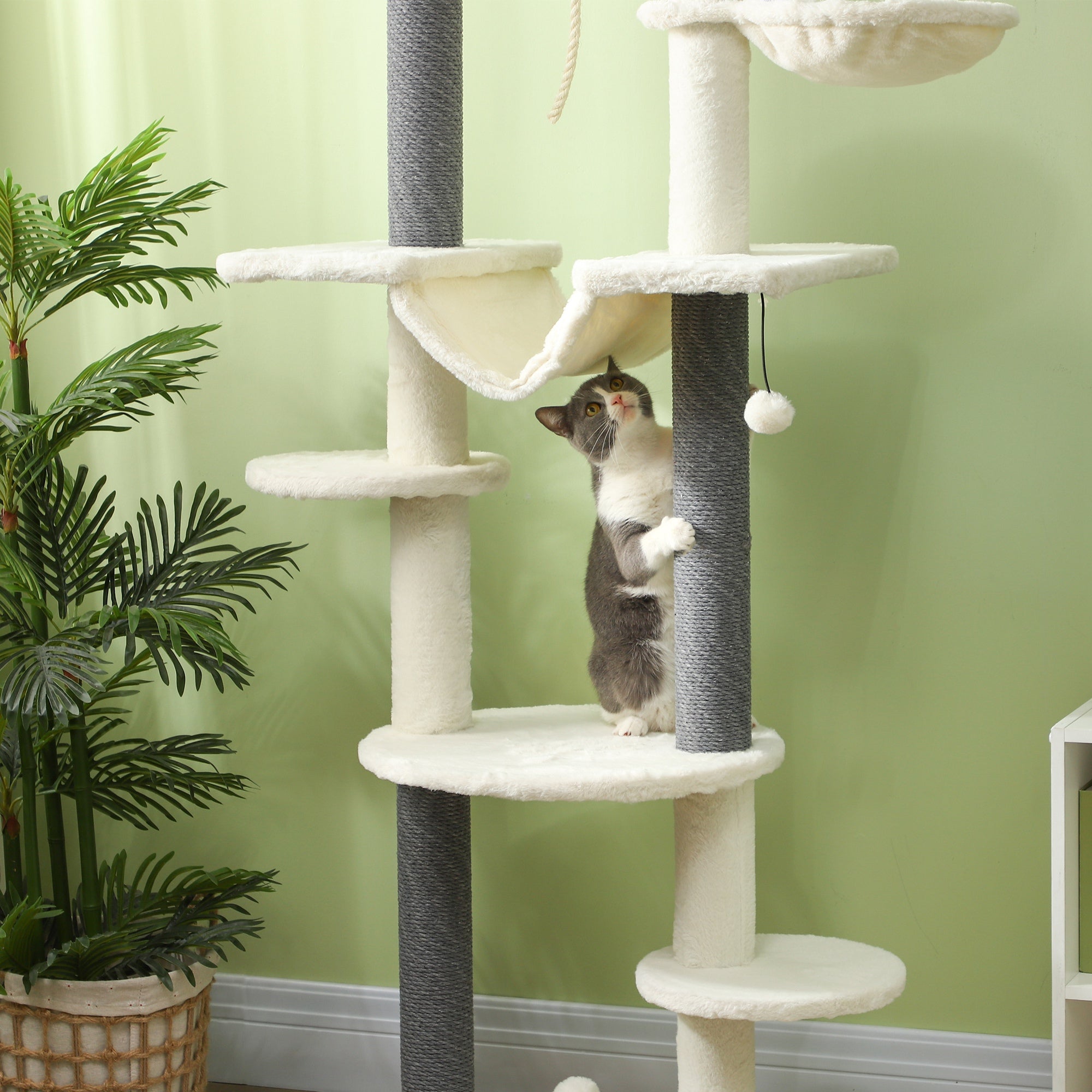 Ceiling High Scratching Post, Cat Tree, 225-255 cm Cat Scratching Post with Hammocks, Scratching Posts, Basket, Play Ball, Cat Furniture with Tipping Protection, White