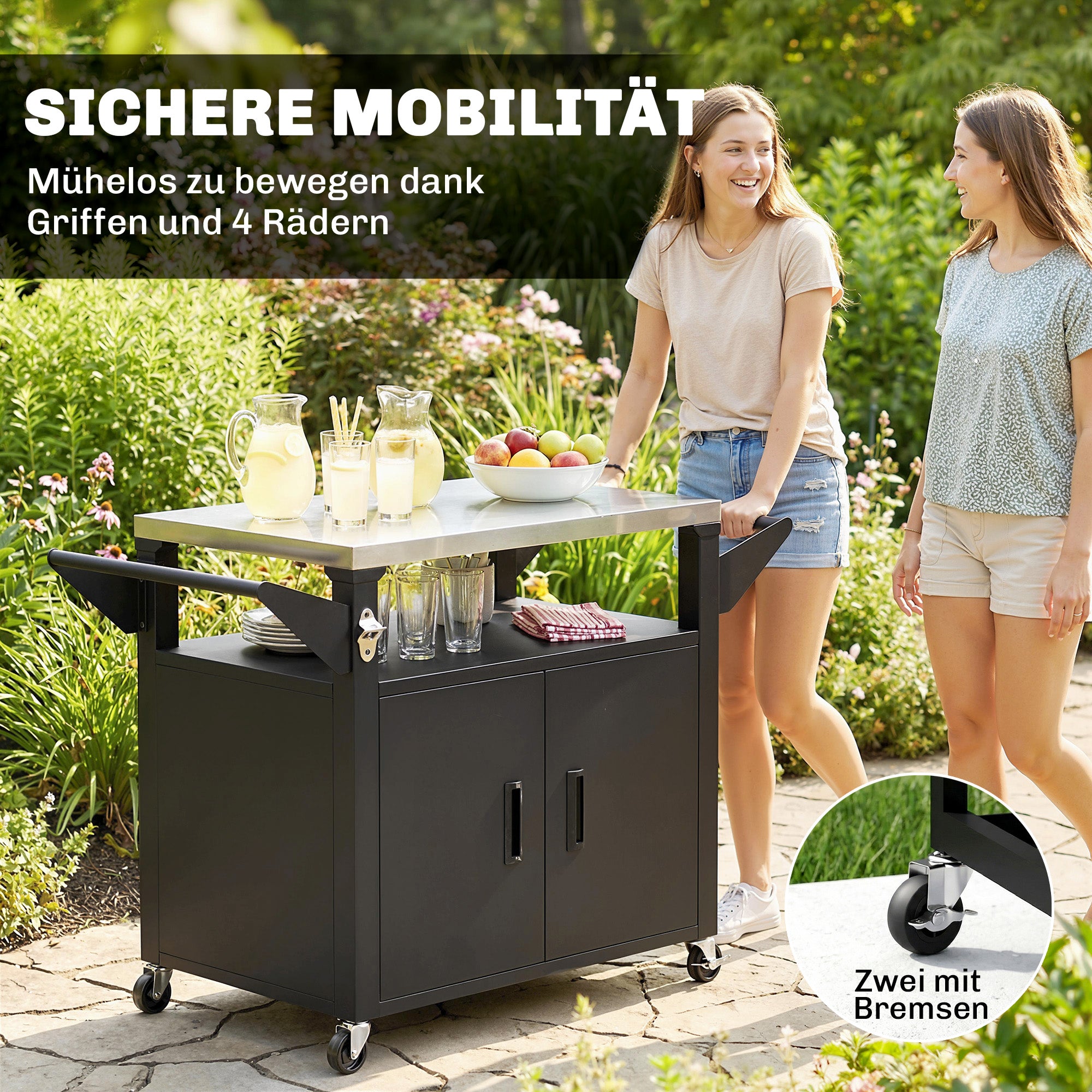 Kitchen Cart with Wheels, Serving Trolley with Cabinet, Handles, Kitchen Helper — BBQ Grill Table with Stainless Steel Top, 46.1 x 21.7 x 30.7 in, Black