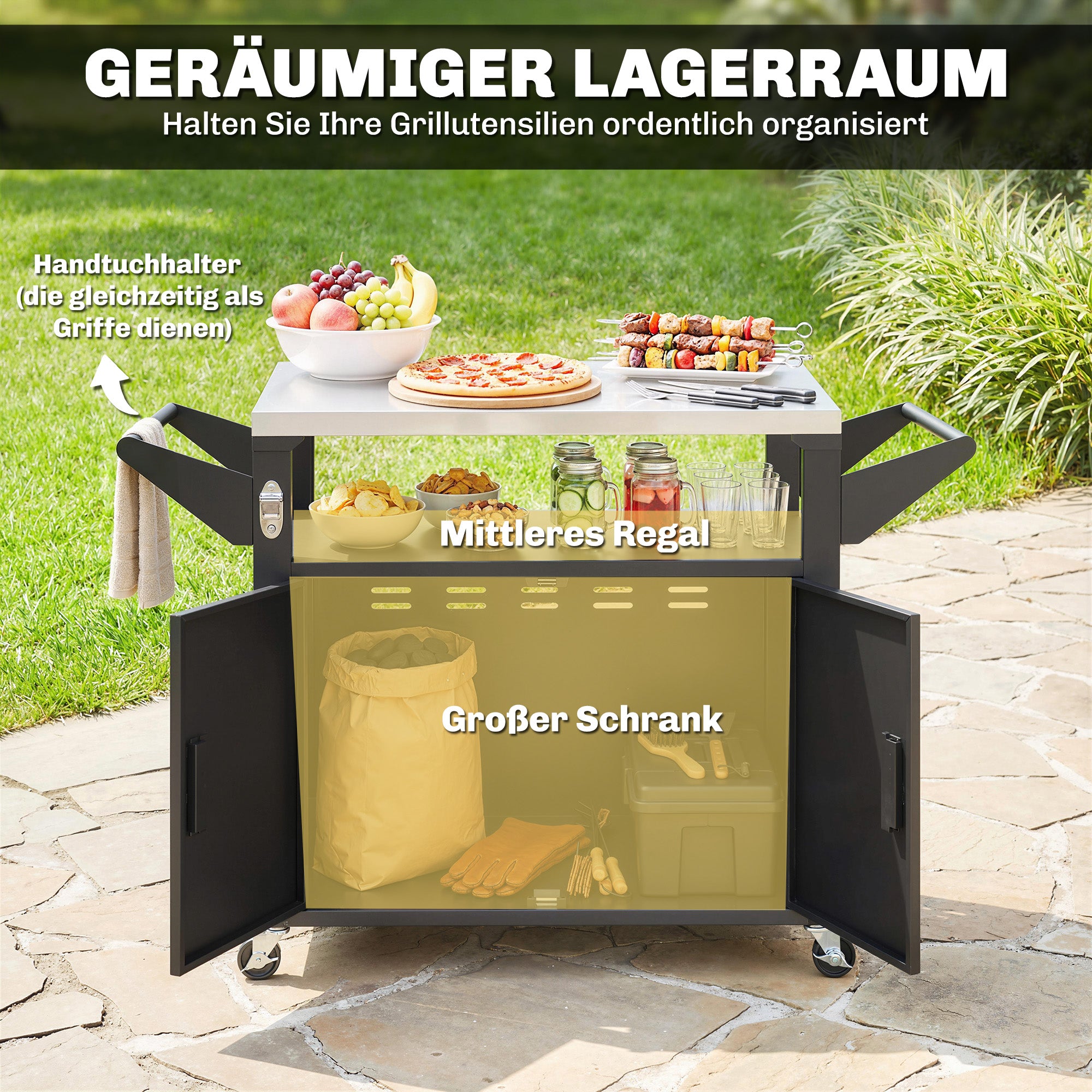 Kitchen Cart with Wheels, Serving Trolley with Cabinet, Handles, Kitchen Helper — BBQ Grill Table with Stainless Steel Top, 46.1 x 21.7 x 30.7 in, Black