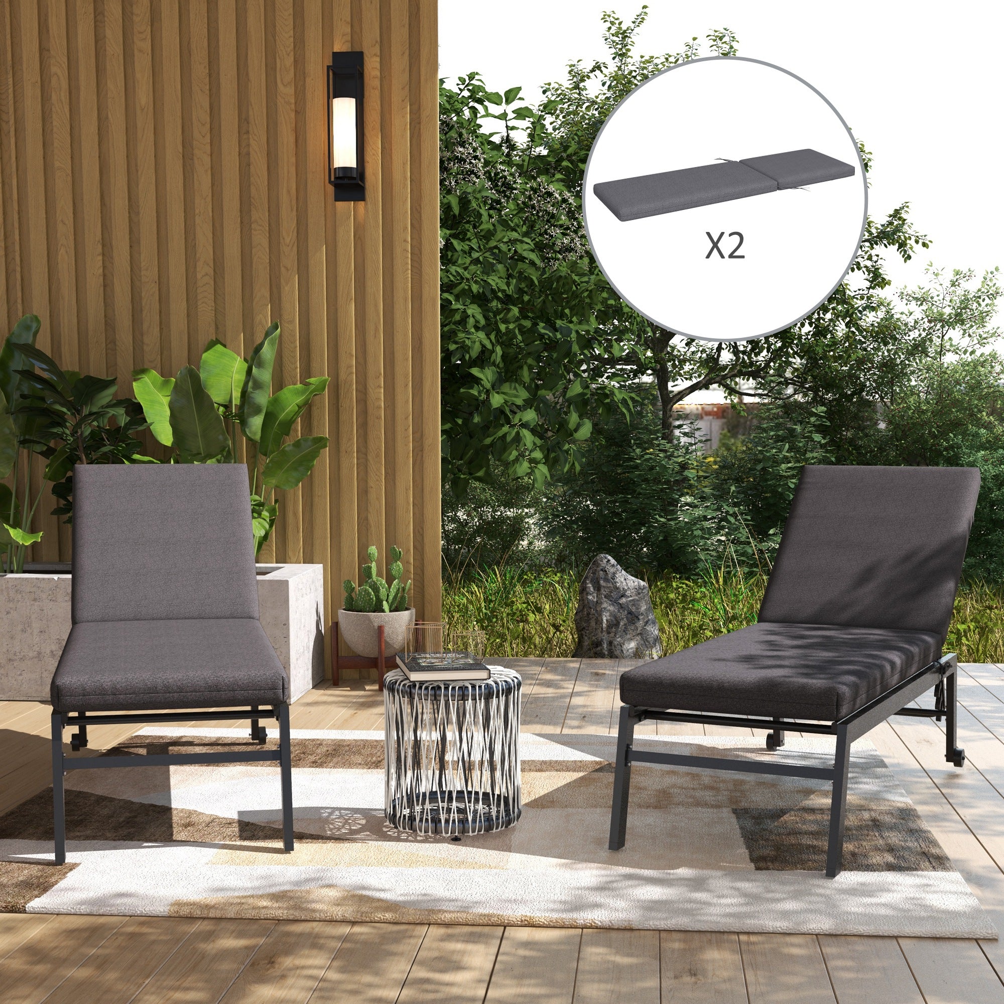 Set of 2 Sun Lounger Seat Cushions with Attachment Straps for Garden - 190.5L x 58.4W x 7H cm Gray