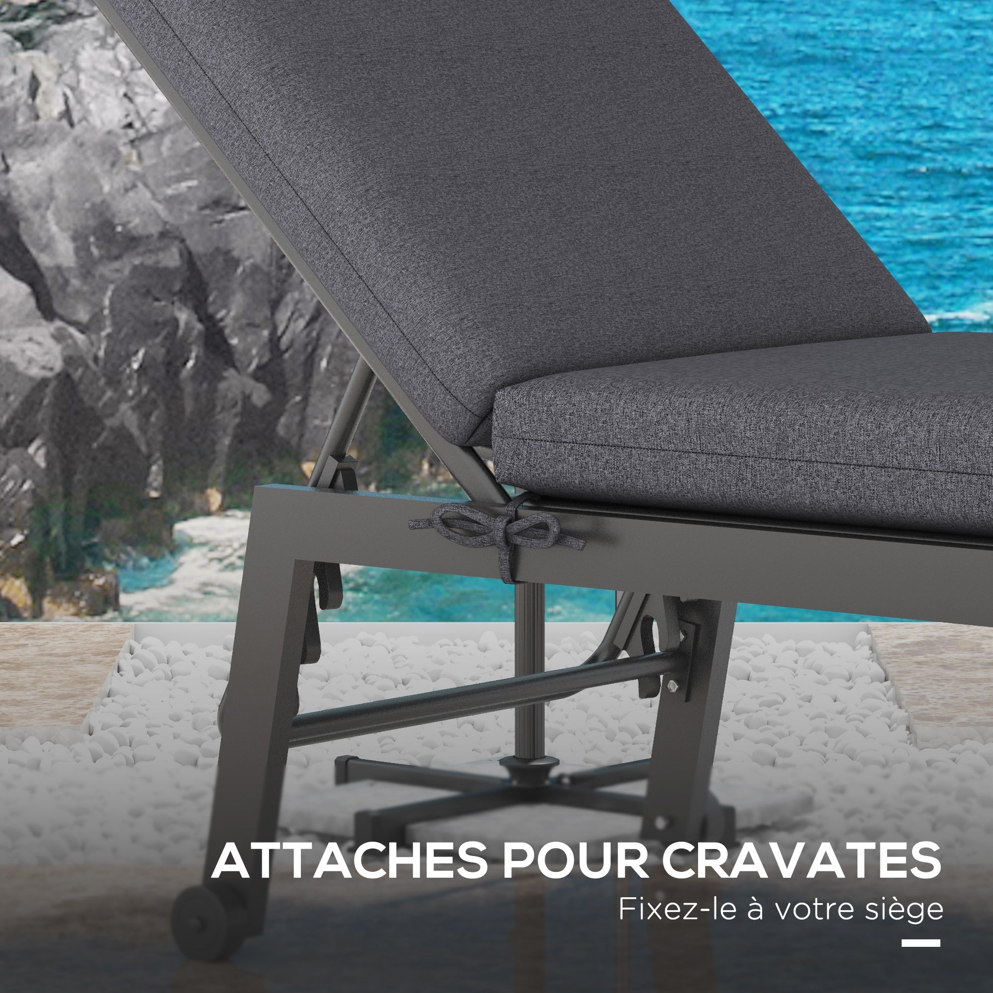 Set of 2 Sun Lounger Seat Cushions with Attachment Straps for Garden - 190.5L x 58.4W x 7H cm Gray