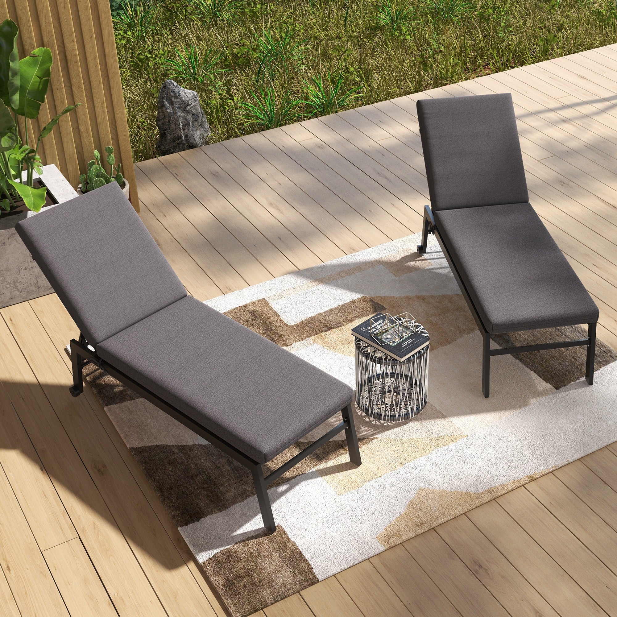 Set of 2 Sun Lounger Seat Cushions with Attachment Straps for Garden - 190.5L x 58.4W x 7H cm Gray