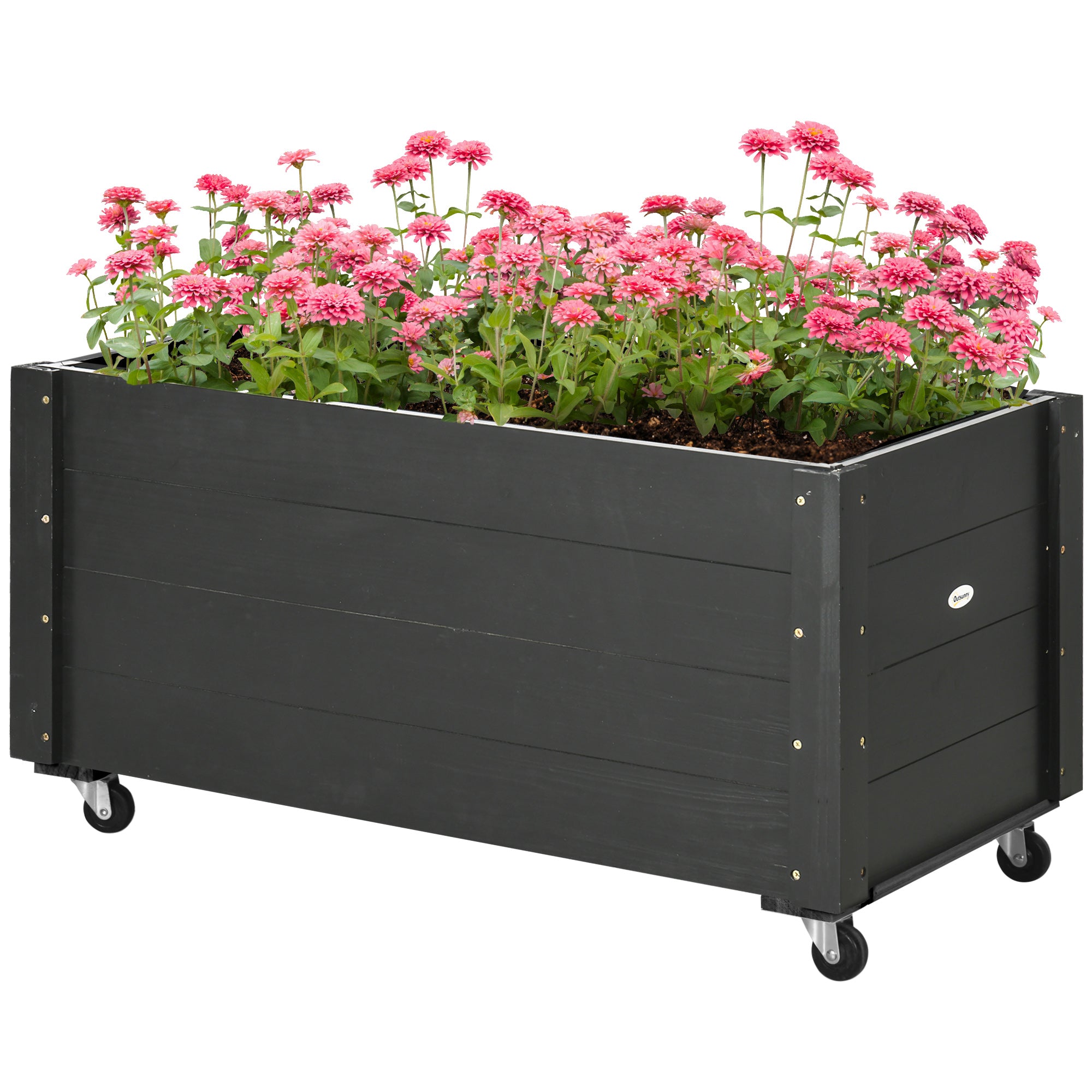 Solid Wood Raised Garden Bed with Wheels, Planting Bed with Rollers, Greenhouse Planter Flower Box, Planting Box Planter 89x48x47cm for Garden, Terrace, Flower Pot for Climbing Plants, Flowers, Black
