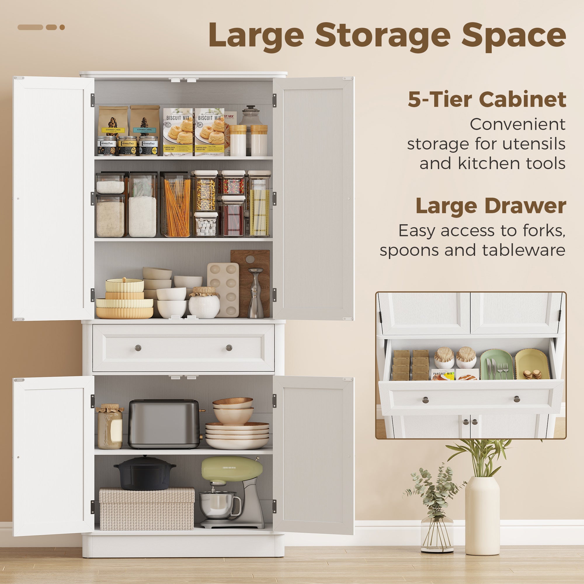 73.4" Tall Kitchen Pantry Cabinet, 4-Door Buffet with Drawer & Adjustable Shelves, White - 31.5 x 15.6 x 73.4 in (80 x 39.5 x 186.4 cm)