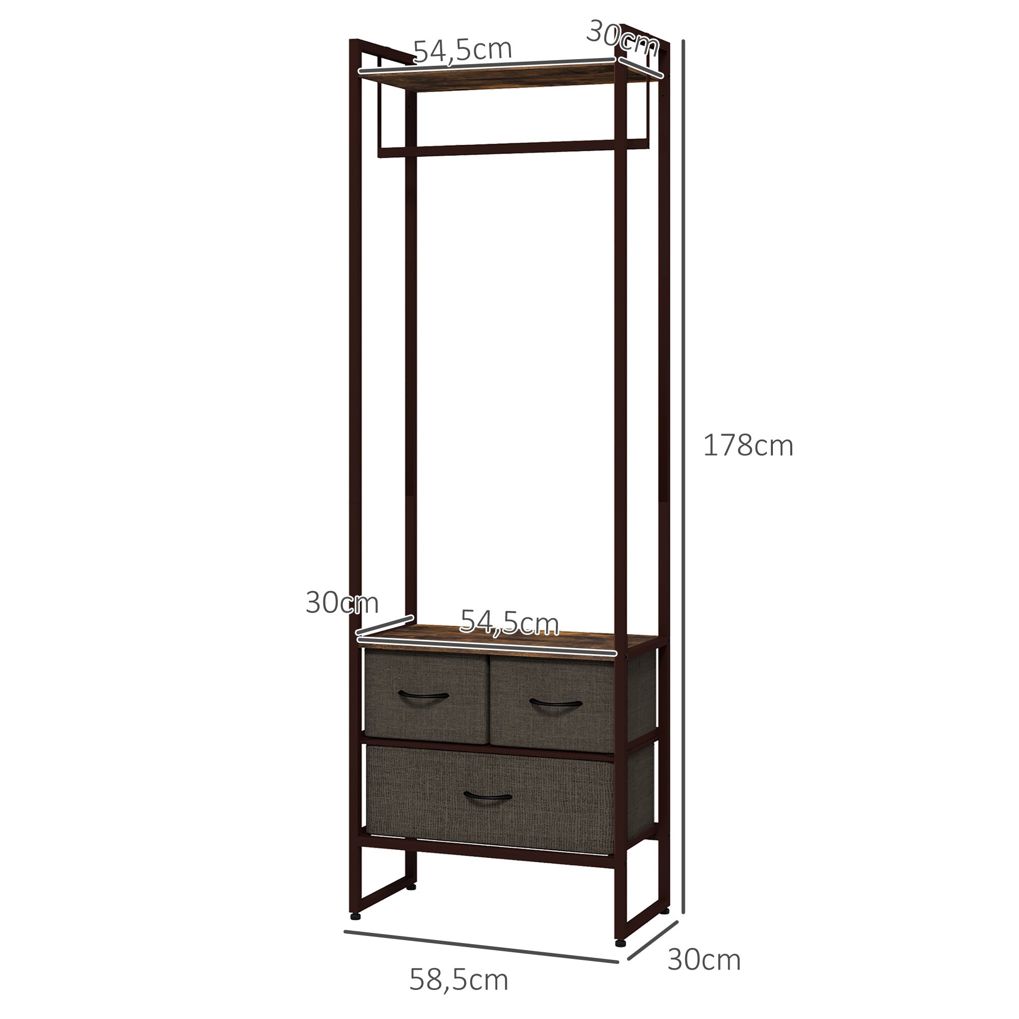 Clothing Rack, Coat Rack, Clothes Rack with 3 Fabric Drawers, Storage Shelves, and Hanging Rod, for Entryway, Bedroom, 58.5 x 30 x 178 cm, Brown