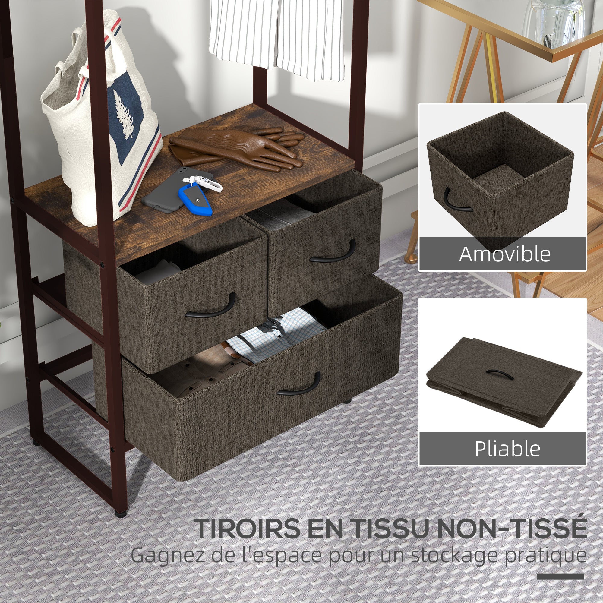 Clothing Rack, Coat Rack, Clothes Rack with 3 Fabric Drawers, Storage Shelves, and Hanging Rod, for Entryway, Bedroom, 58.5 x 30 x 178 cm, Brown