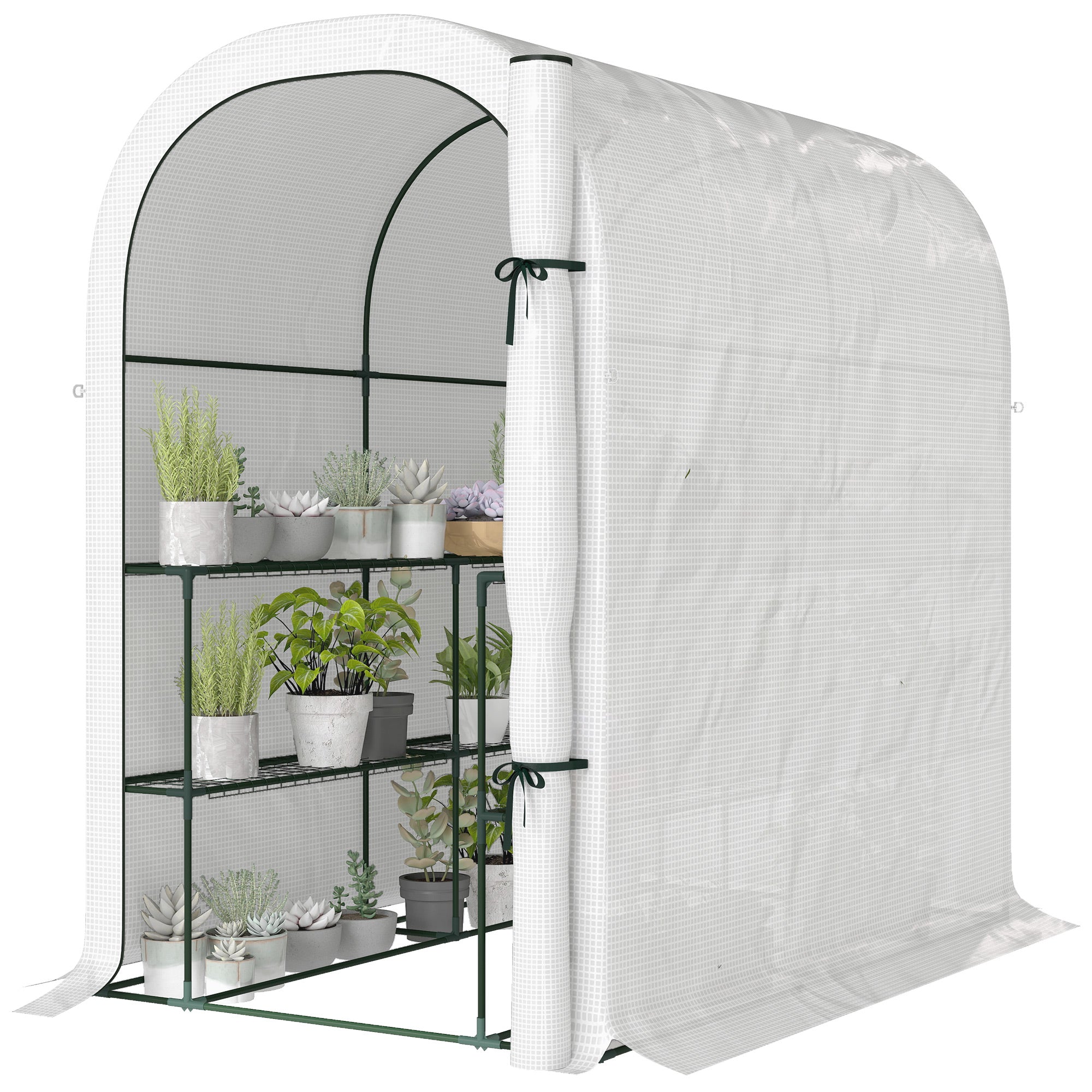 Garden Greenhouse with Shelves, 123 x 187 x 189 cm (48.4 x 73.6 x 74.4 in) – Roll-Up Door, 140 gsm High-Density PE Cover, Extended 10 cm, White