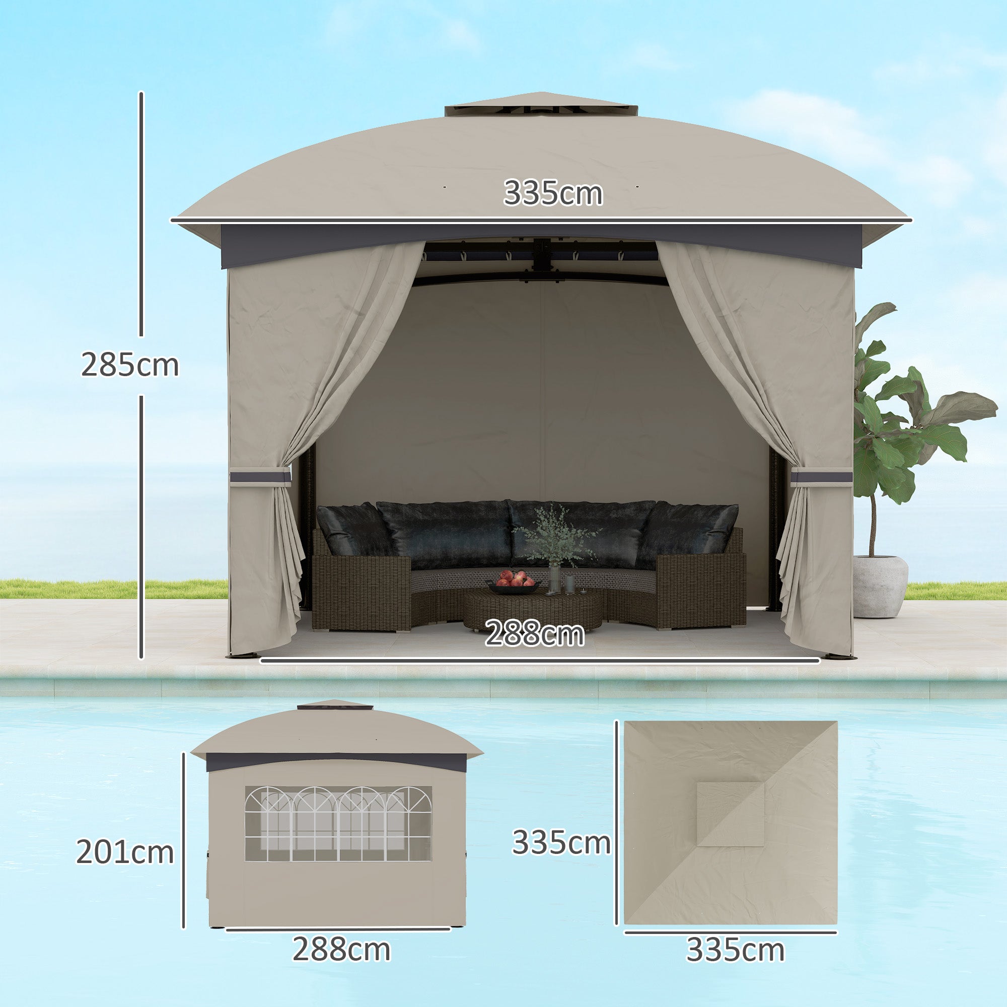 Gazebo approx. 3.4x3.4 m water-resistant Garden Gazebo with 4 Sidewalls, Double Roof, Party Tent with UV Protection Garden Tent with Galvanized Metal Frame, for Garden Light Gray