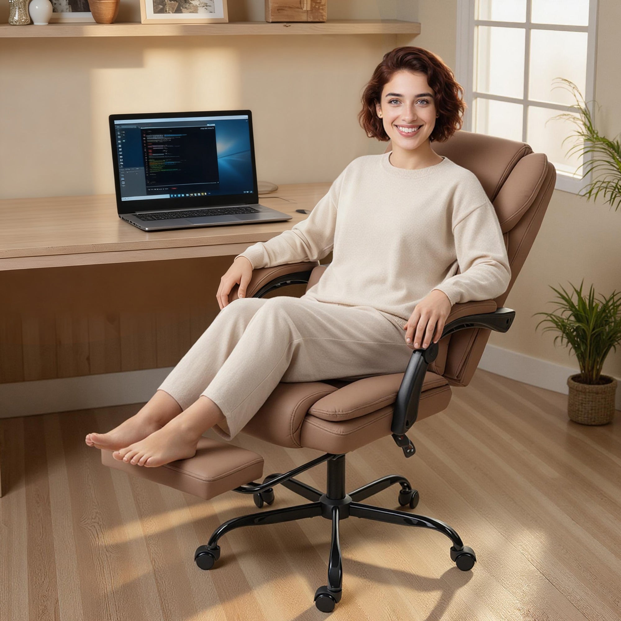 Ergonomic Office Chair with Footrest — Adjustable Height, Lumbar Support, 360° Swivel, Pet-Friendly PU Leather, Brown